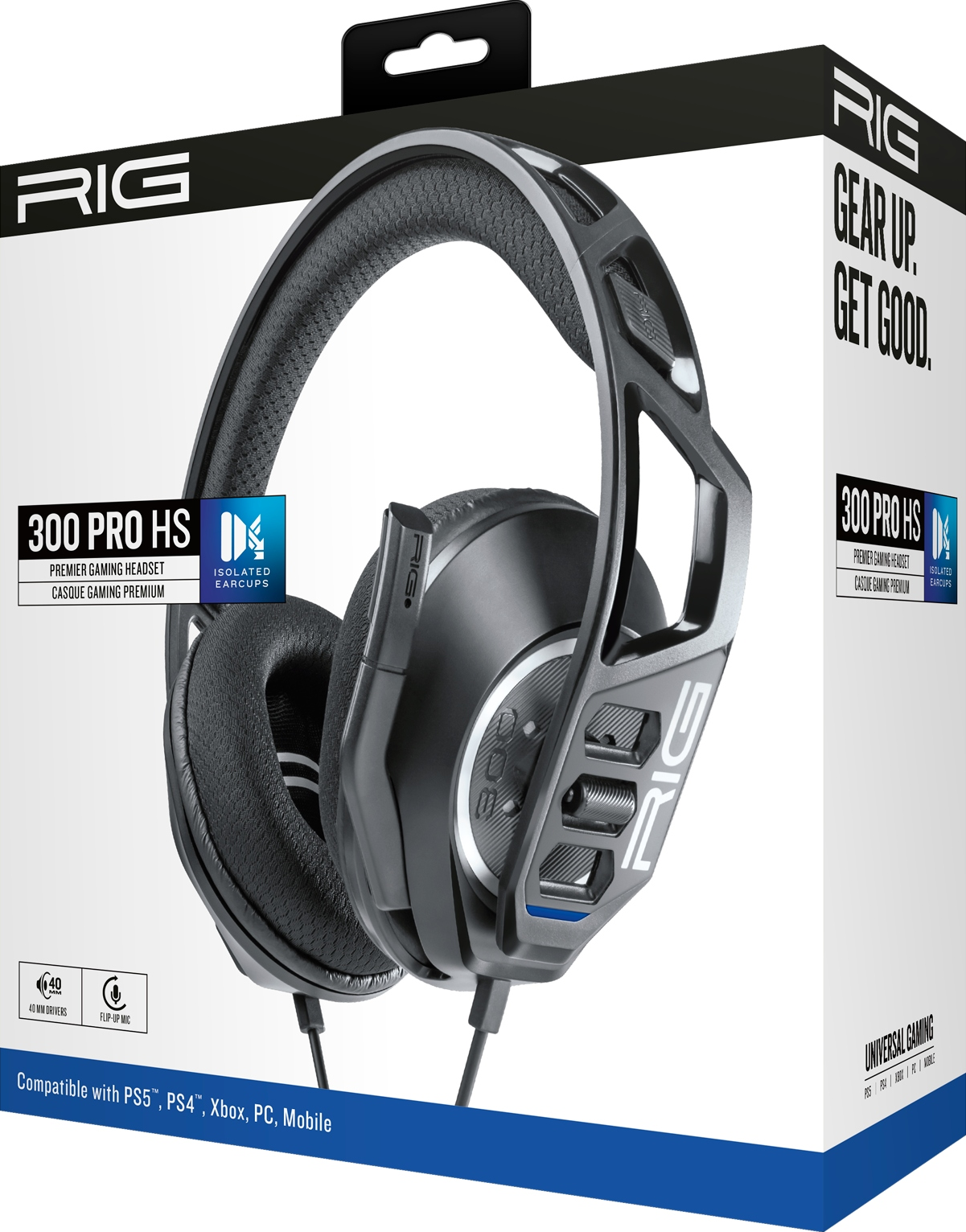 Kopfhörer in einer Box, schwarz-graues Design, Text lautet 'RIG 300 PRO HS', Gaming-Headset.