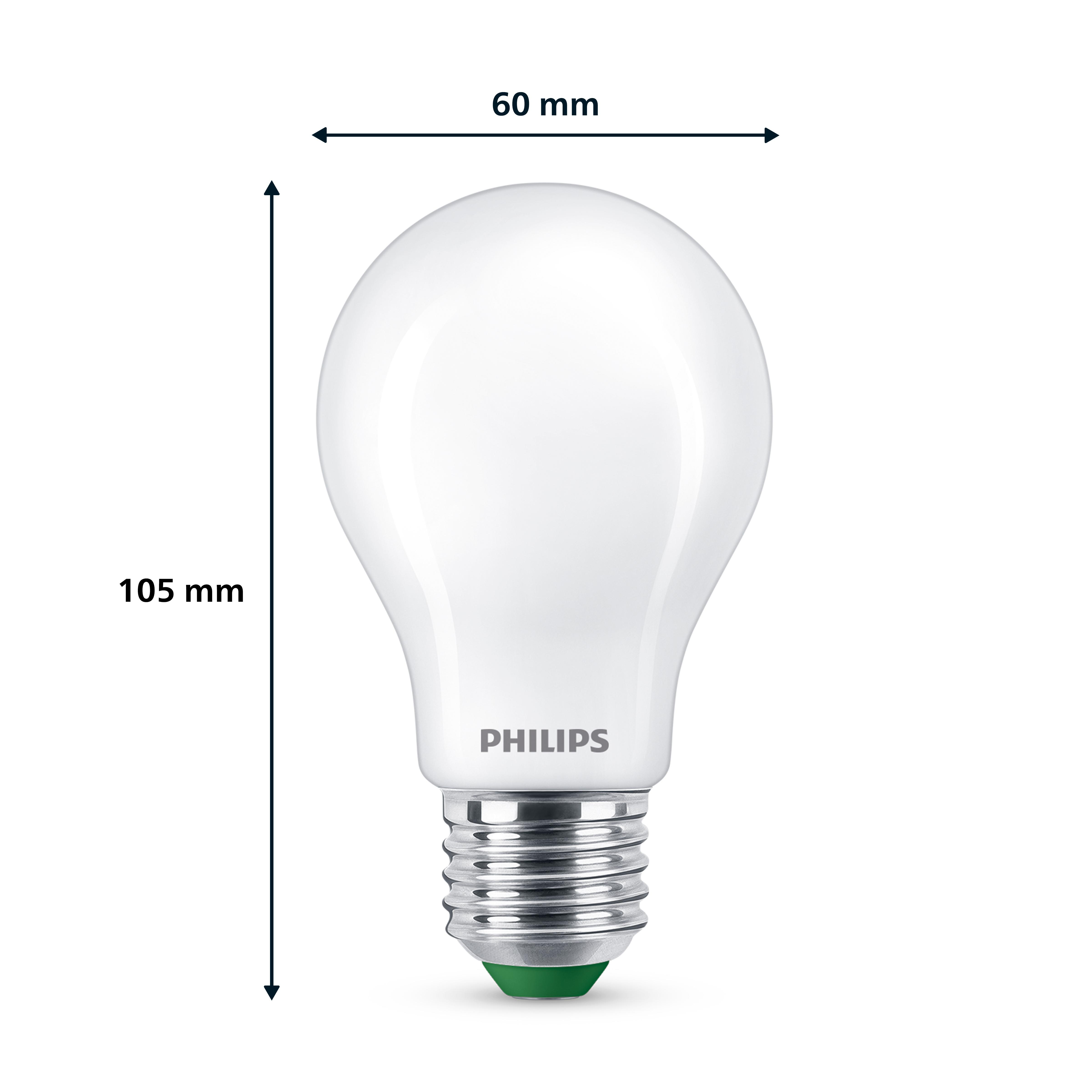 Weiße Philips Glühbirne mit Abmessungen. Grüner Sockel, 60 mm breit, 105 mm hoch.