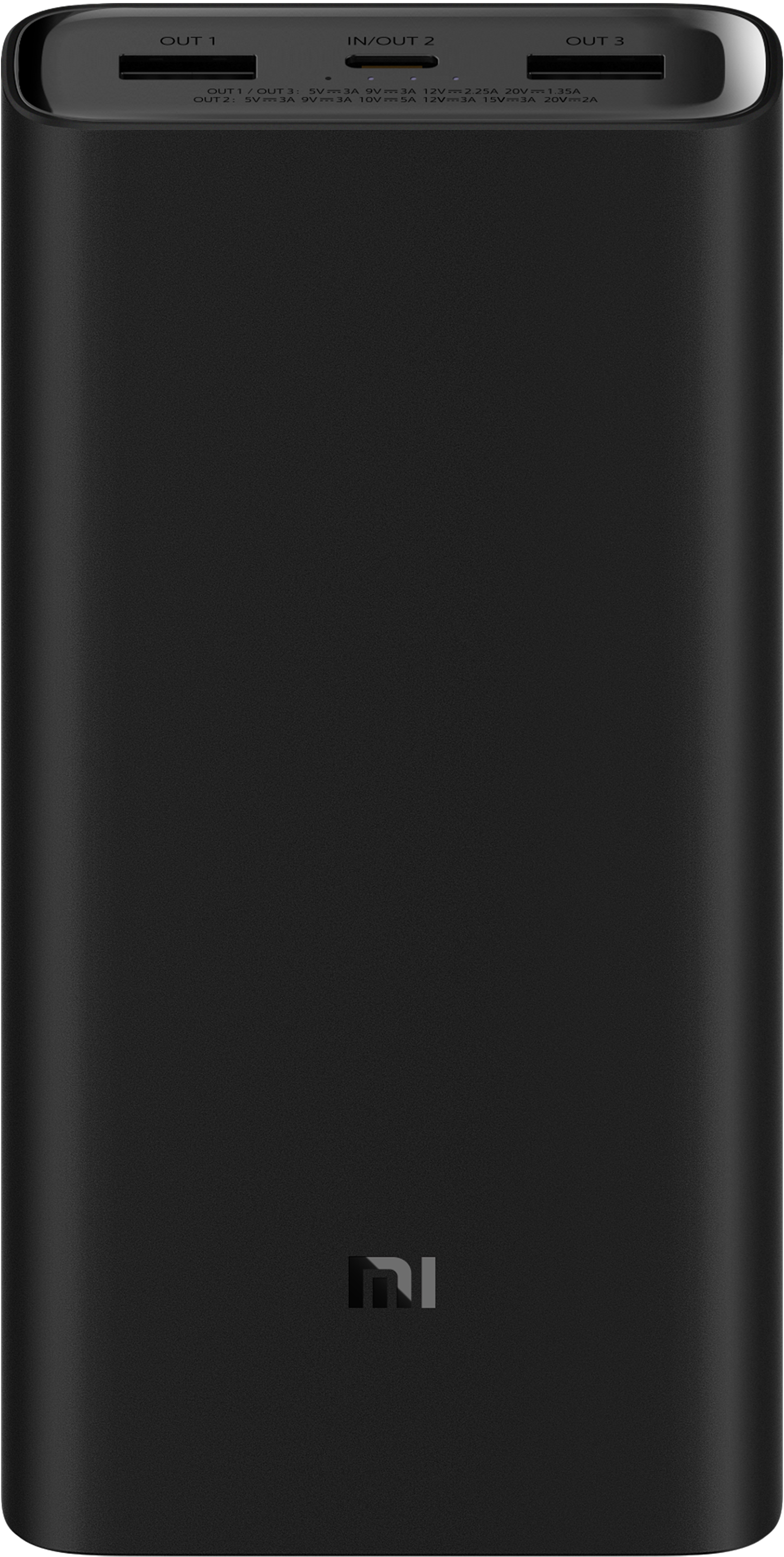 Power bank nero con porte e logo Mi su sfondo bianco.