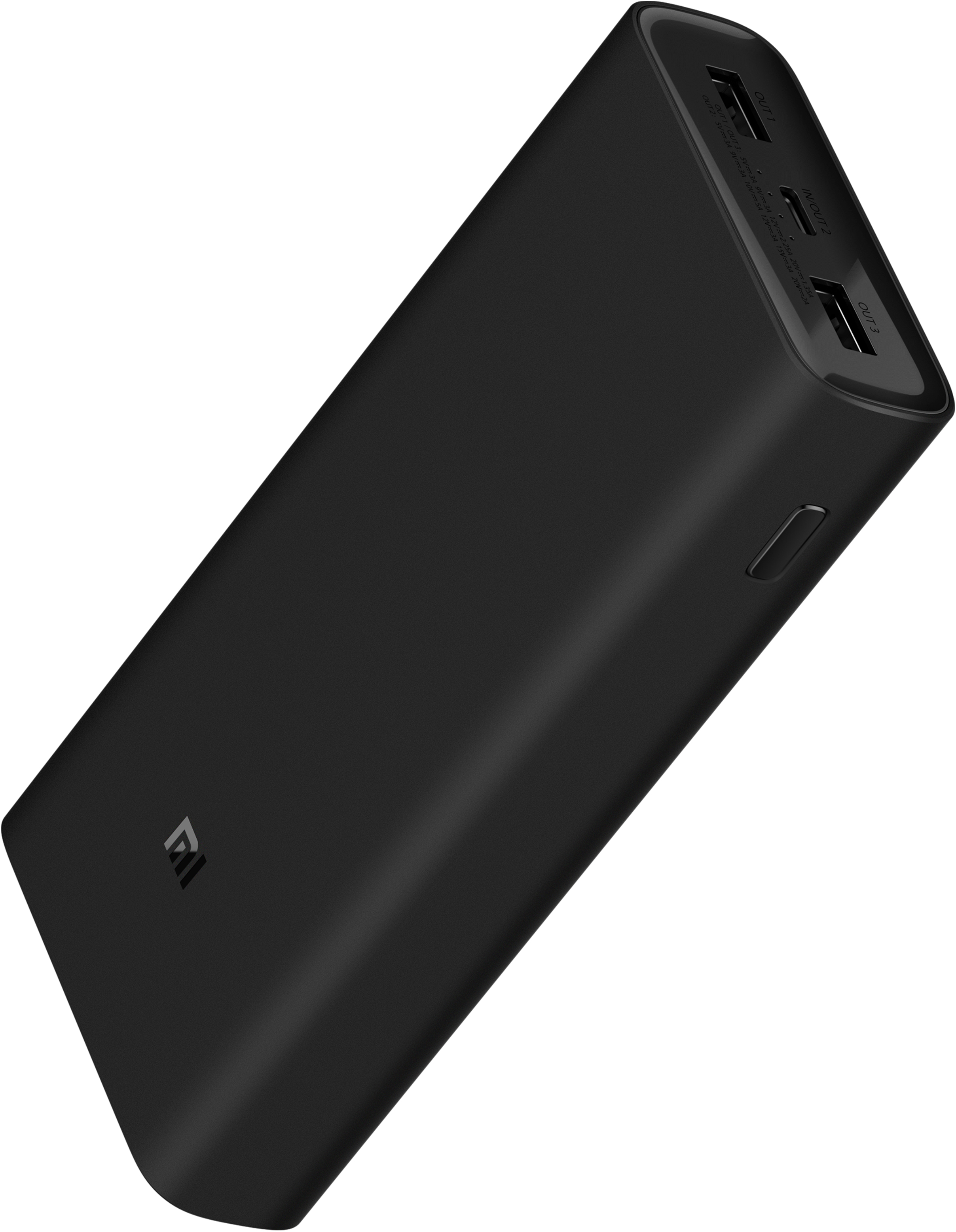 Power bank nera, vista angolata. Mostra porte e un pulsante. Sfondo bianco.