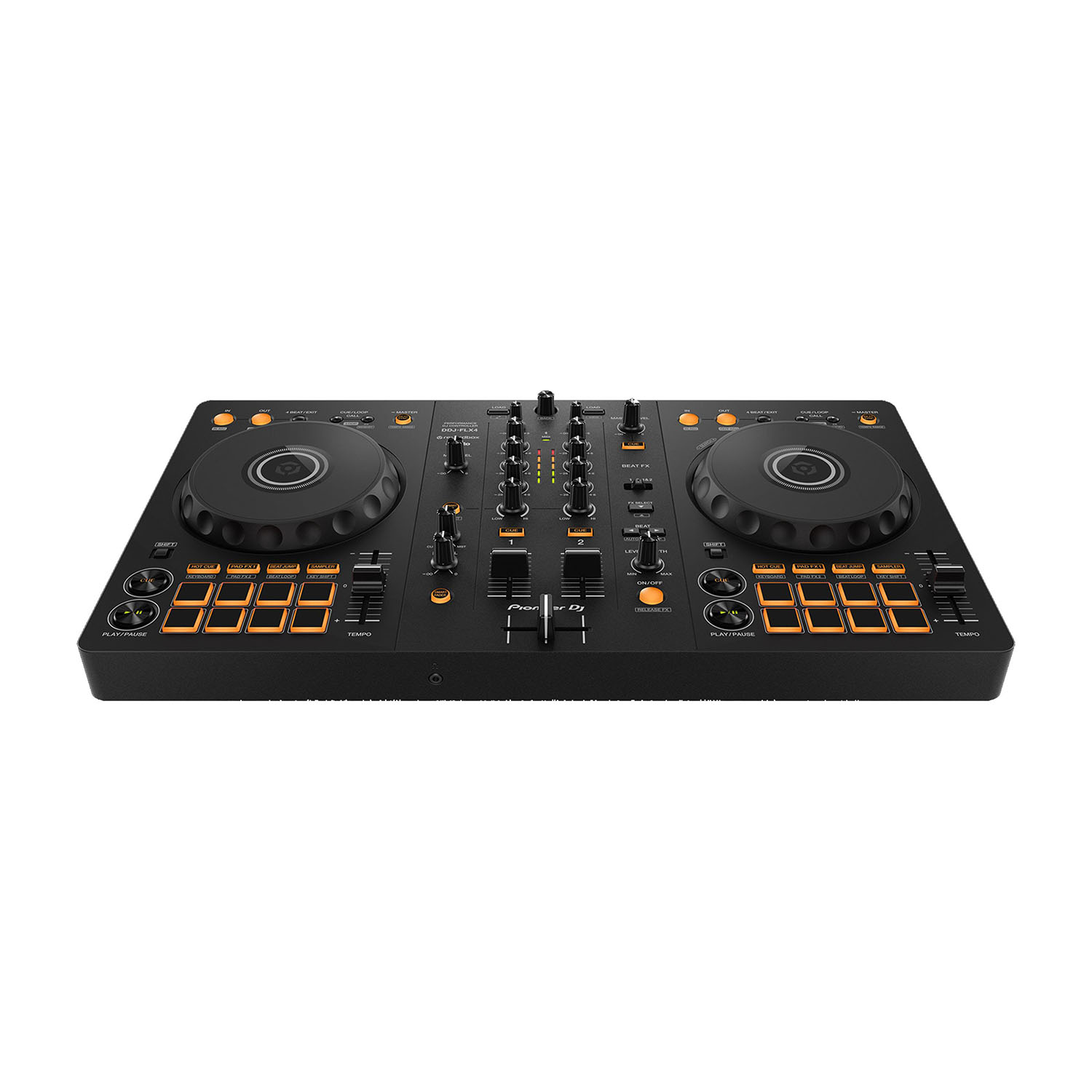 Controller DJ nero su una superficie bianca. Ha manopole, pulsanti e due jog wheel.