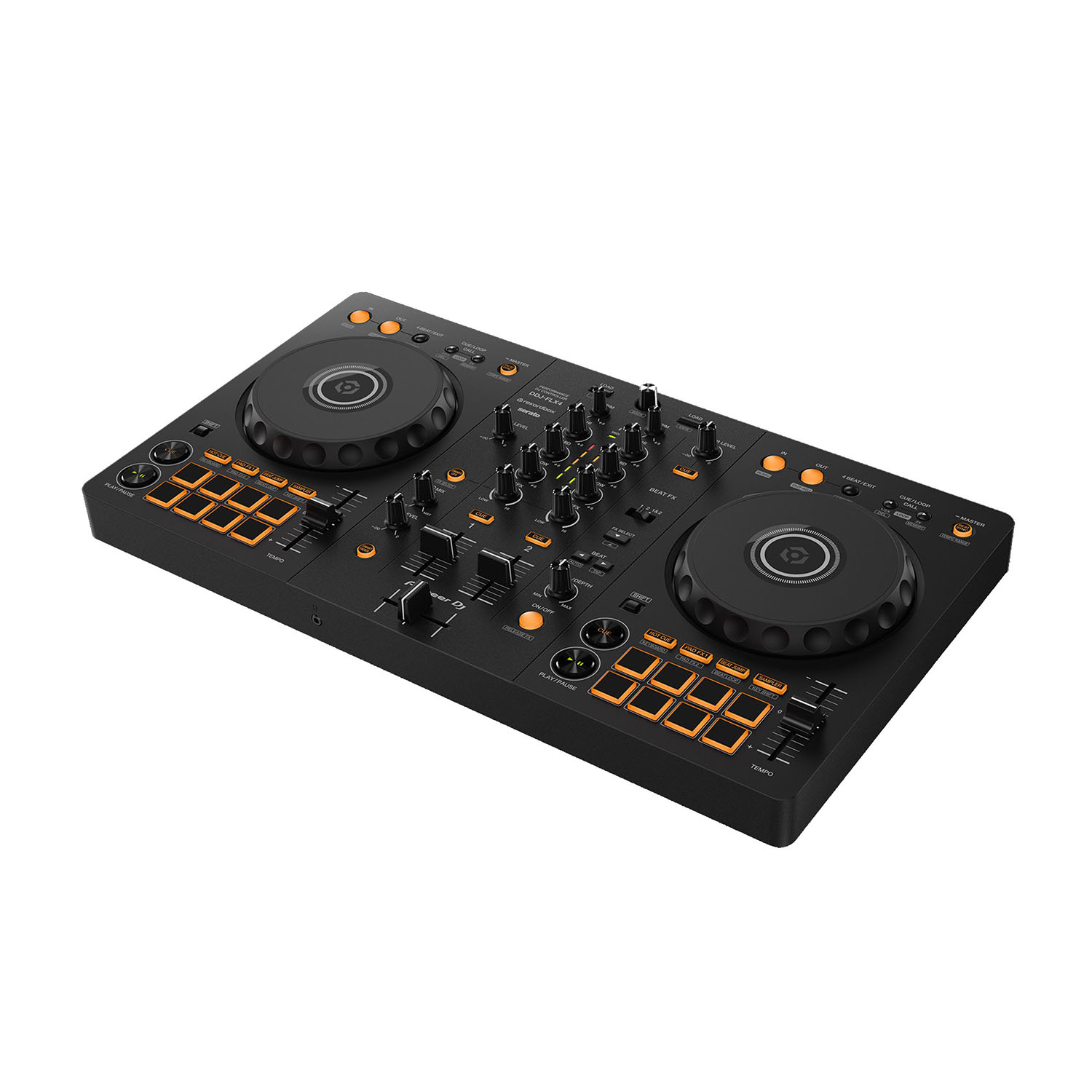 Un controller DJ nero con pulsanti e manopole arancioni.