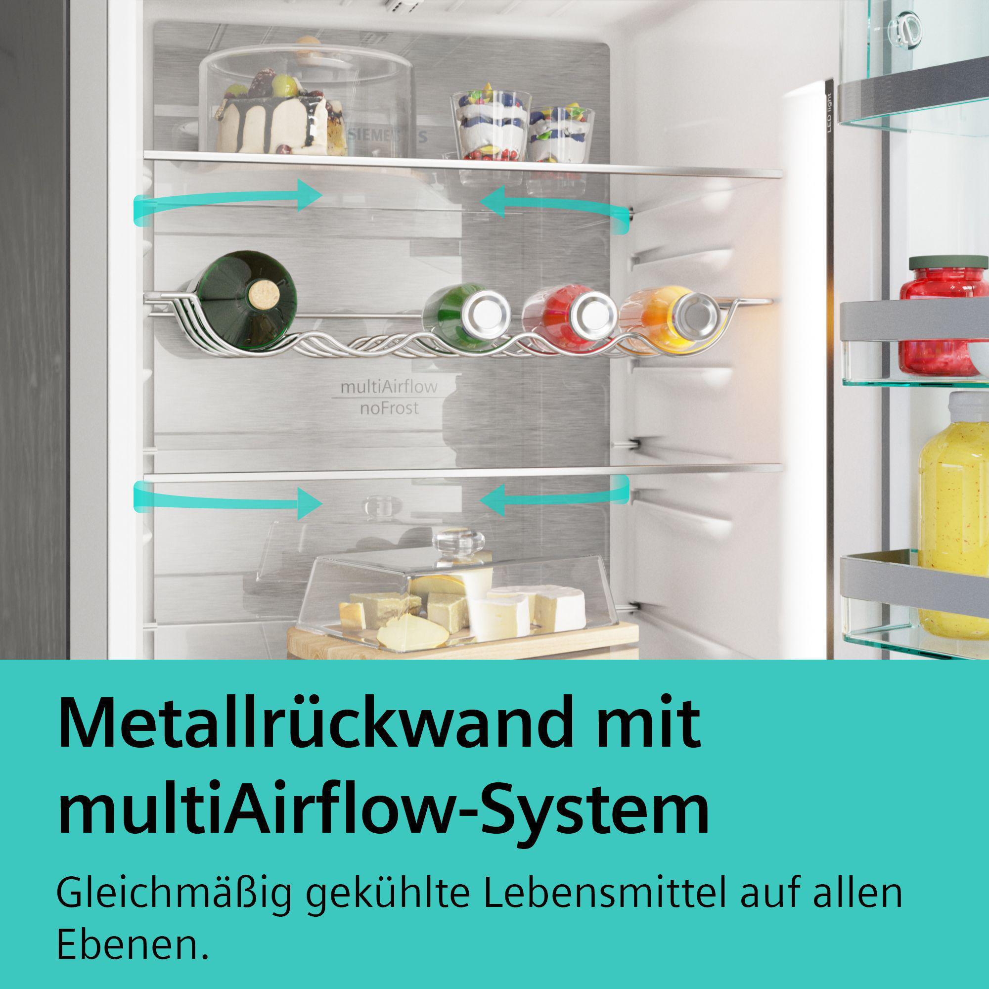 Kühlschrankinnenraum, Regale mit Lebensmitteln und Weinflaschen, mit Text unten.