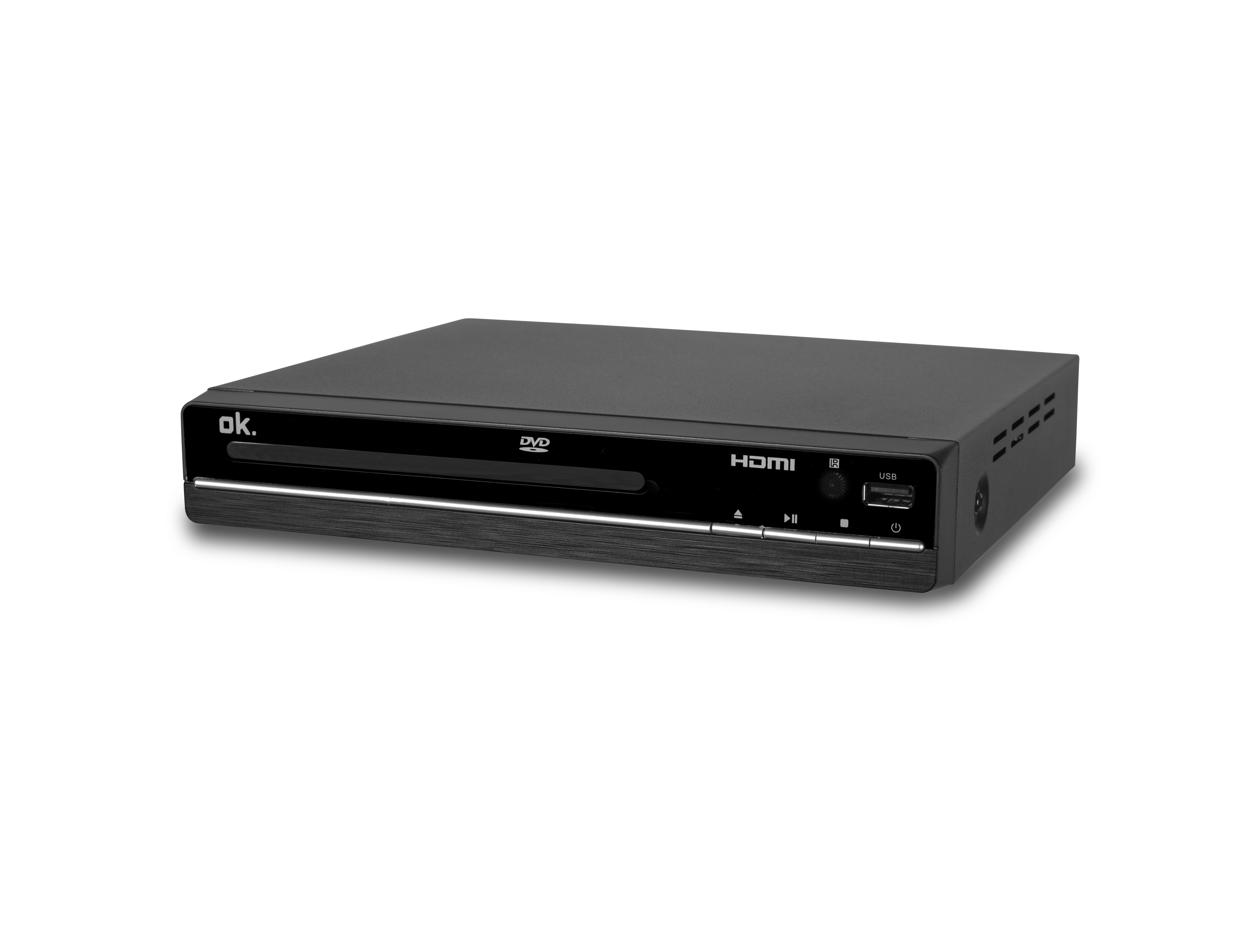 Ein schwarzer DVD-Player mit HDMI- und USB-Anschlüssen, auf schwarzem Hintergrund.