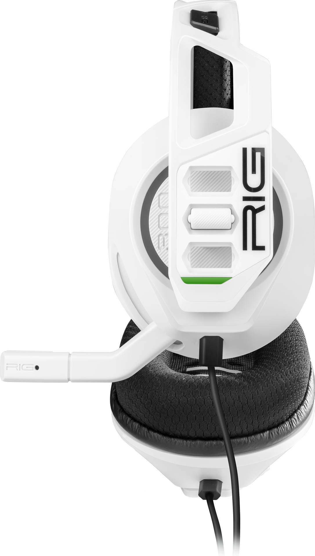 Weißes RIG-Headset mit schwarzer Polsterung und Mikrofon. Das Headset hat ein schwarzes Kabel und das RIG-Logo ist sichtbar.