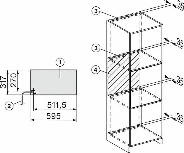 Diagramm eines Schranks mit Maßen. Enthält Regale und eine Seitenansicht.