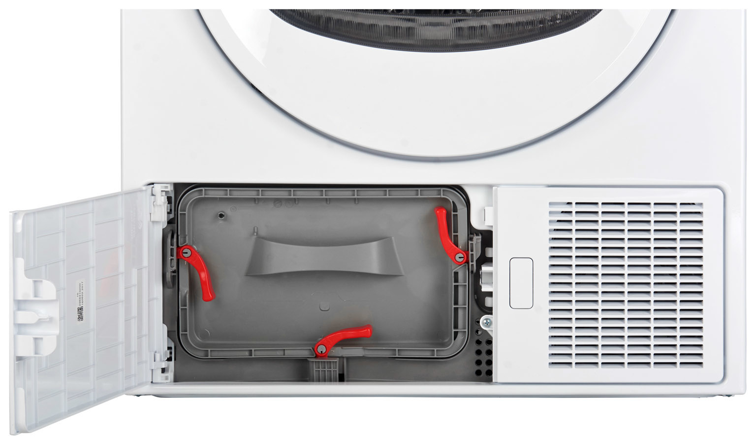 Witte wasmachine met het onderste paneel open, met rode hendels en een grijze bak binnenin.