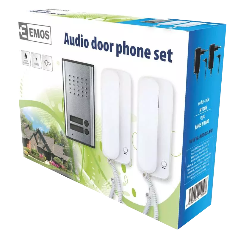 Doboz egy audio kaputelefon készlethez, a telefon képével és két kézibeszélővel.