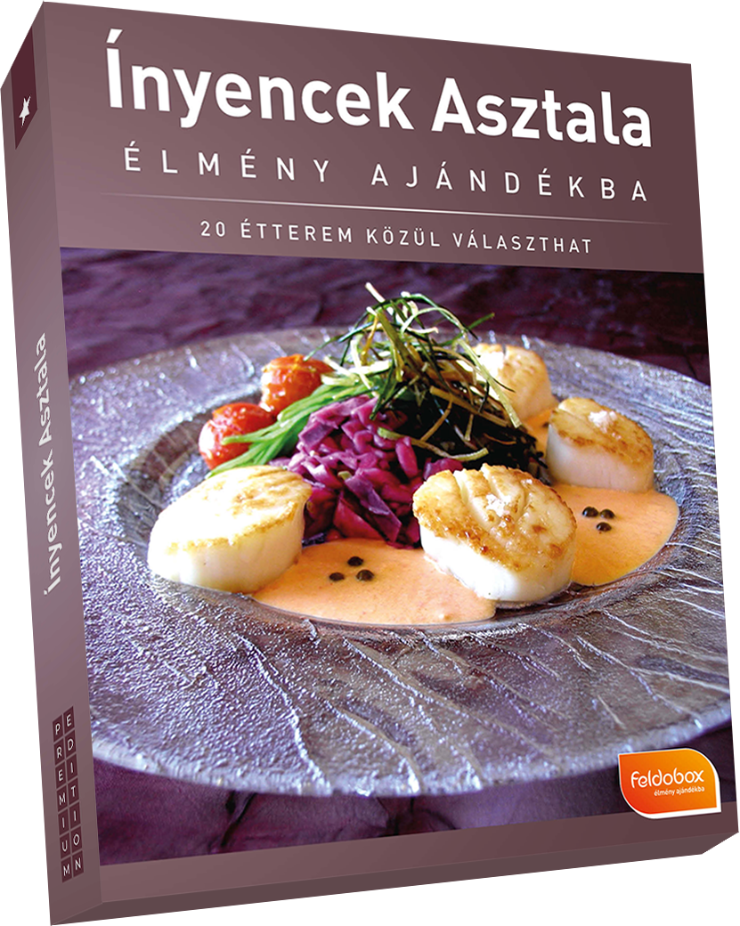 Könyvborító egy tányér étellel. A cím magyarul: Ínyencek Asztala.