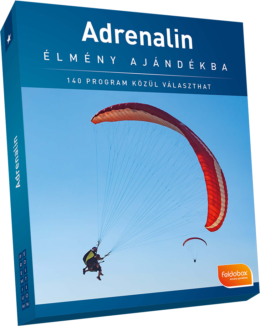 Könyvborító egy siklóernyővel az égen. A cím magyarul: Adrenalin.
