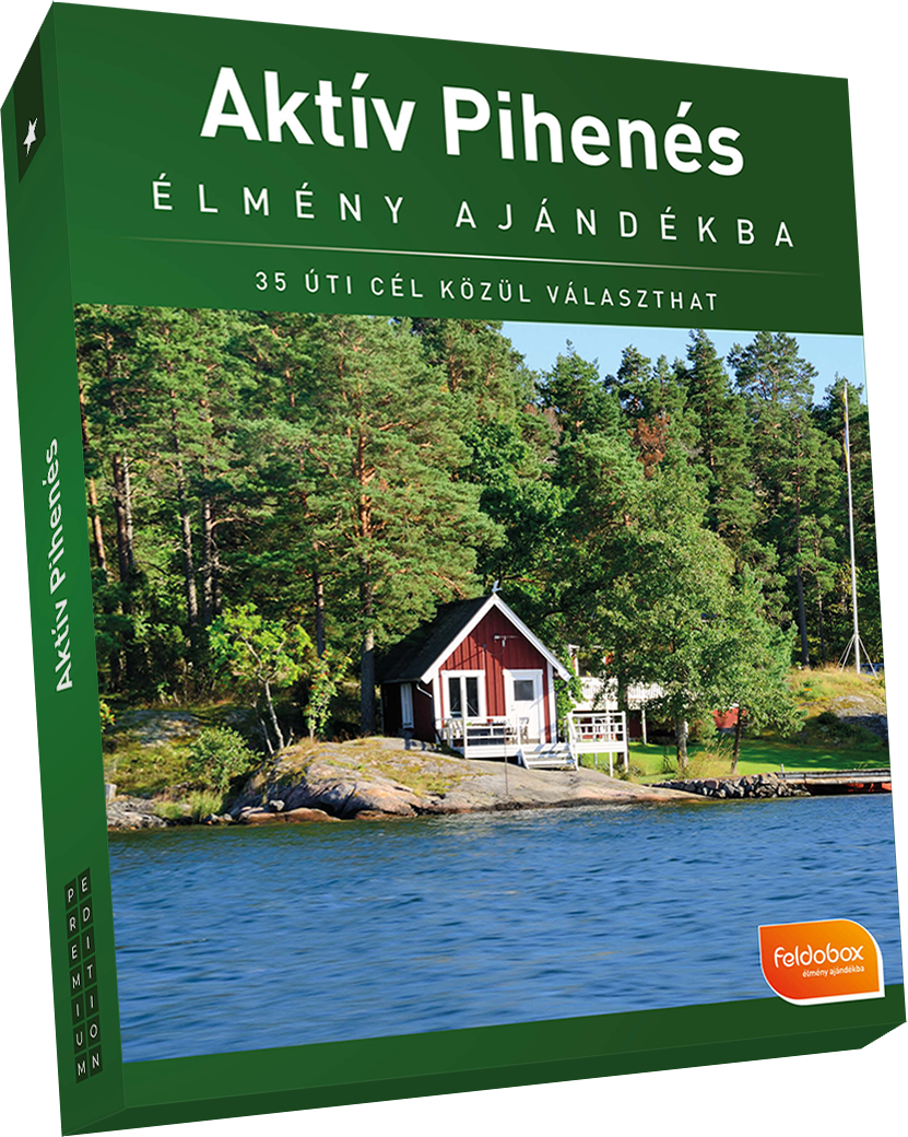 Doboz egy tóparti faházzal az erdőben. A cím magyarul van.