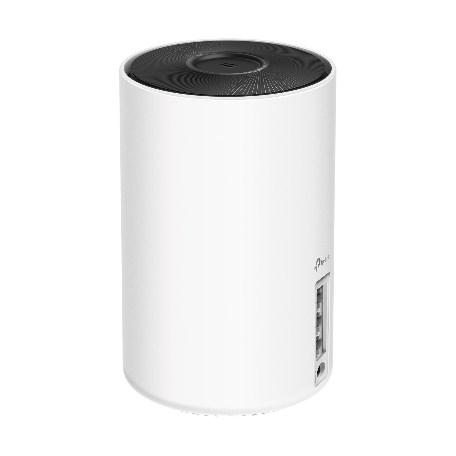 White cylindrical router with a black top, side ports, and TP-Link logo.
