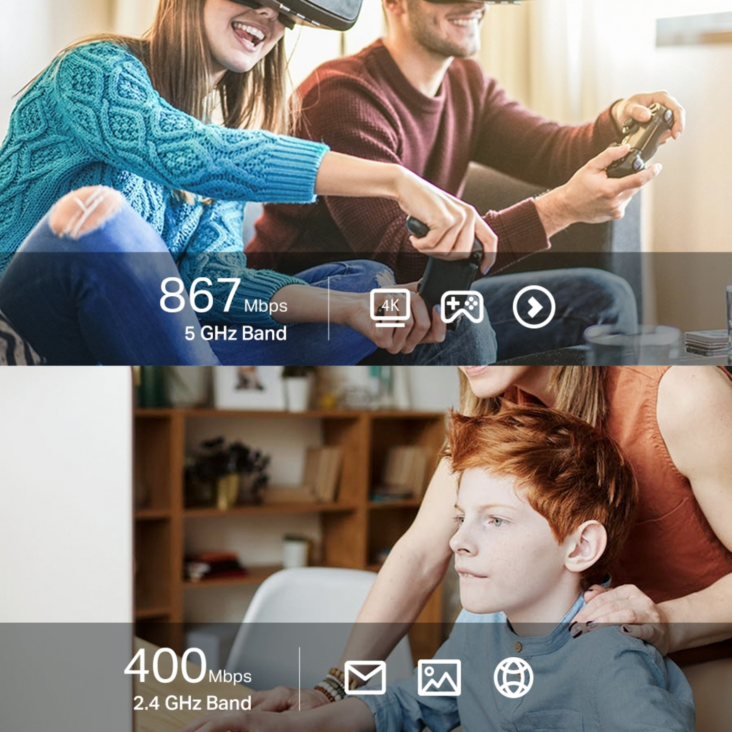People gaming with VR headsets and controllers, and a graphic about 5Ghz and 2.4Ghz bands.