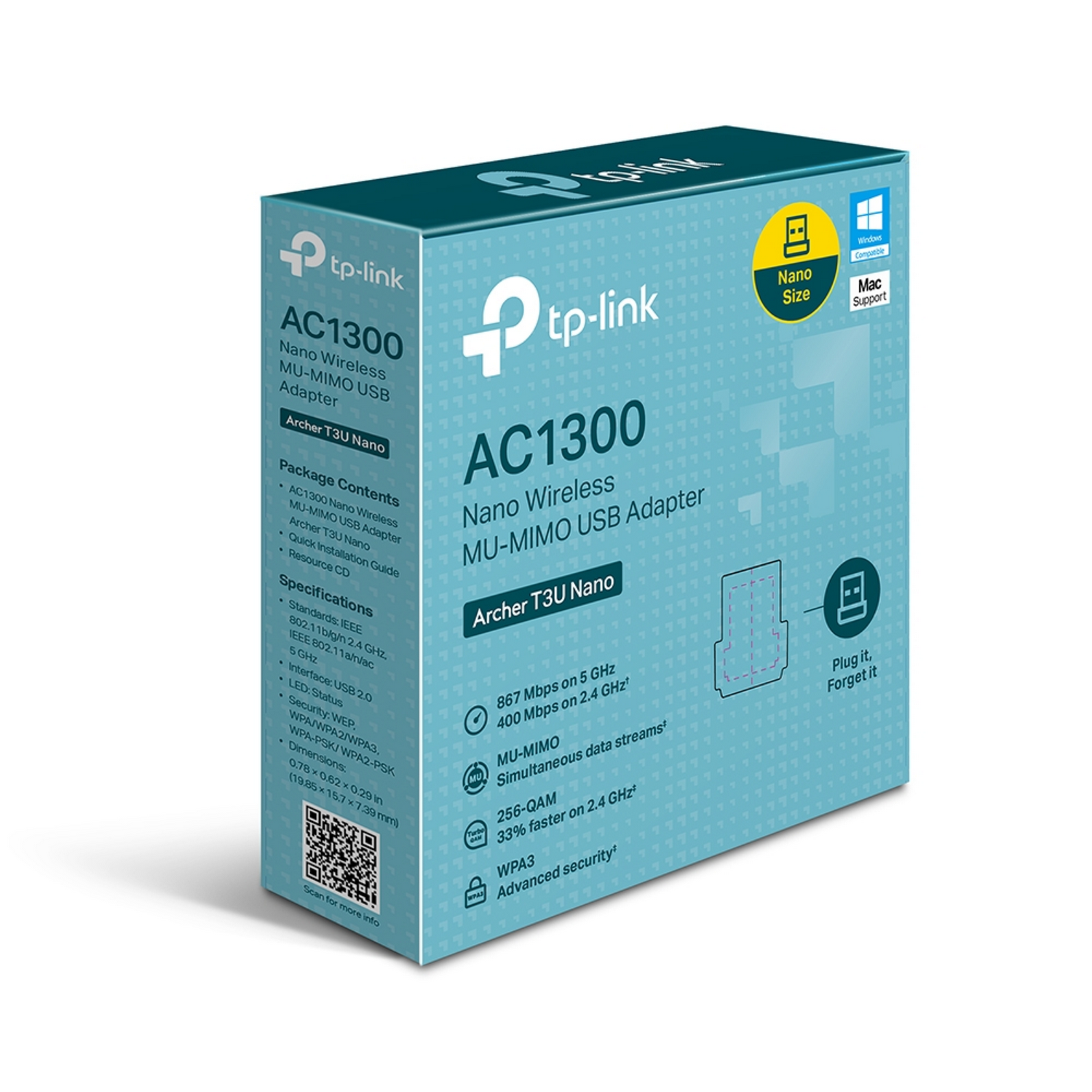 Box for a wireless USB adapter. Text: AC1300 Nano Wireless MU-MIMO USB Adapter.