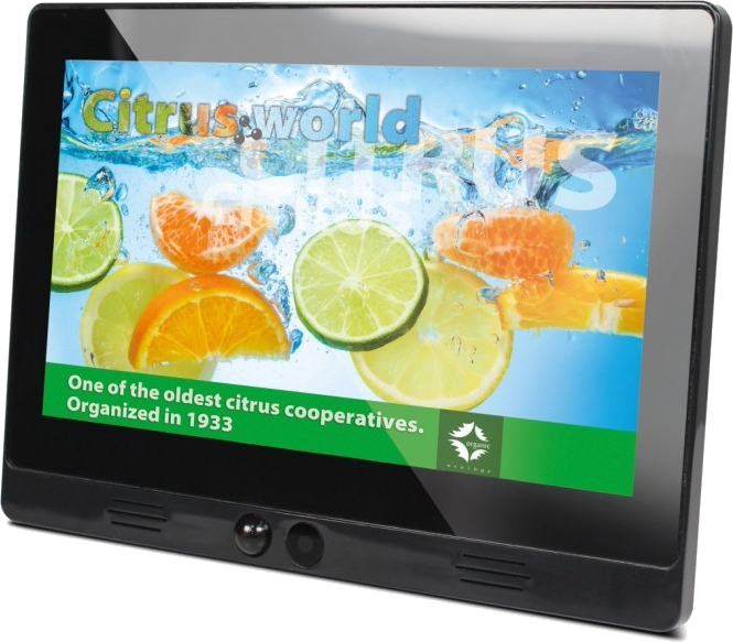 Tablet toont citrusvruchten en de tekst 'Citrus World'. Het scherm toont een waterspat met sinaasappels en citroenen.