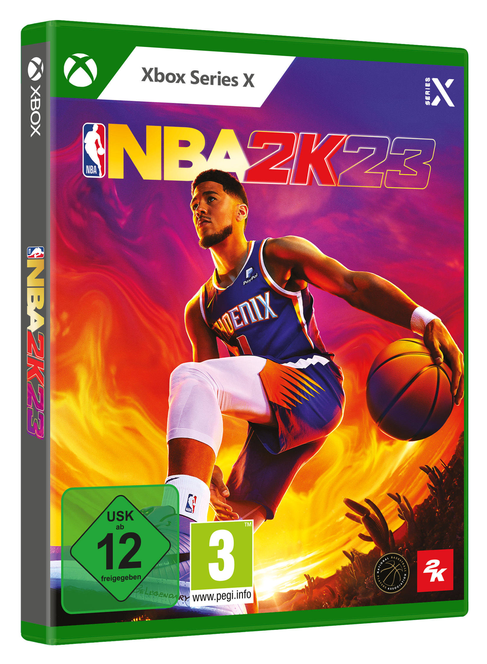 Xbox Series X Spielverpackung für NBA 2K23. Das Cover zeigt einen Basketballspieler mit Flammen im Hintergrund.