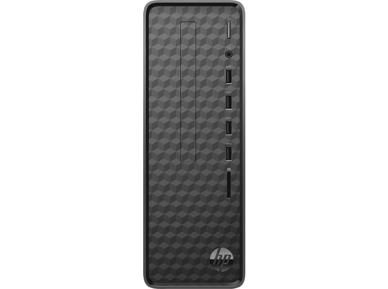 Una carcasa de ordenador de sobremesa negra con un patrón geométrico y puertos en el panel frontal.
