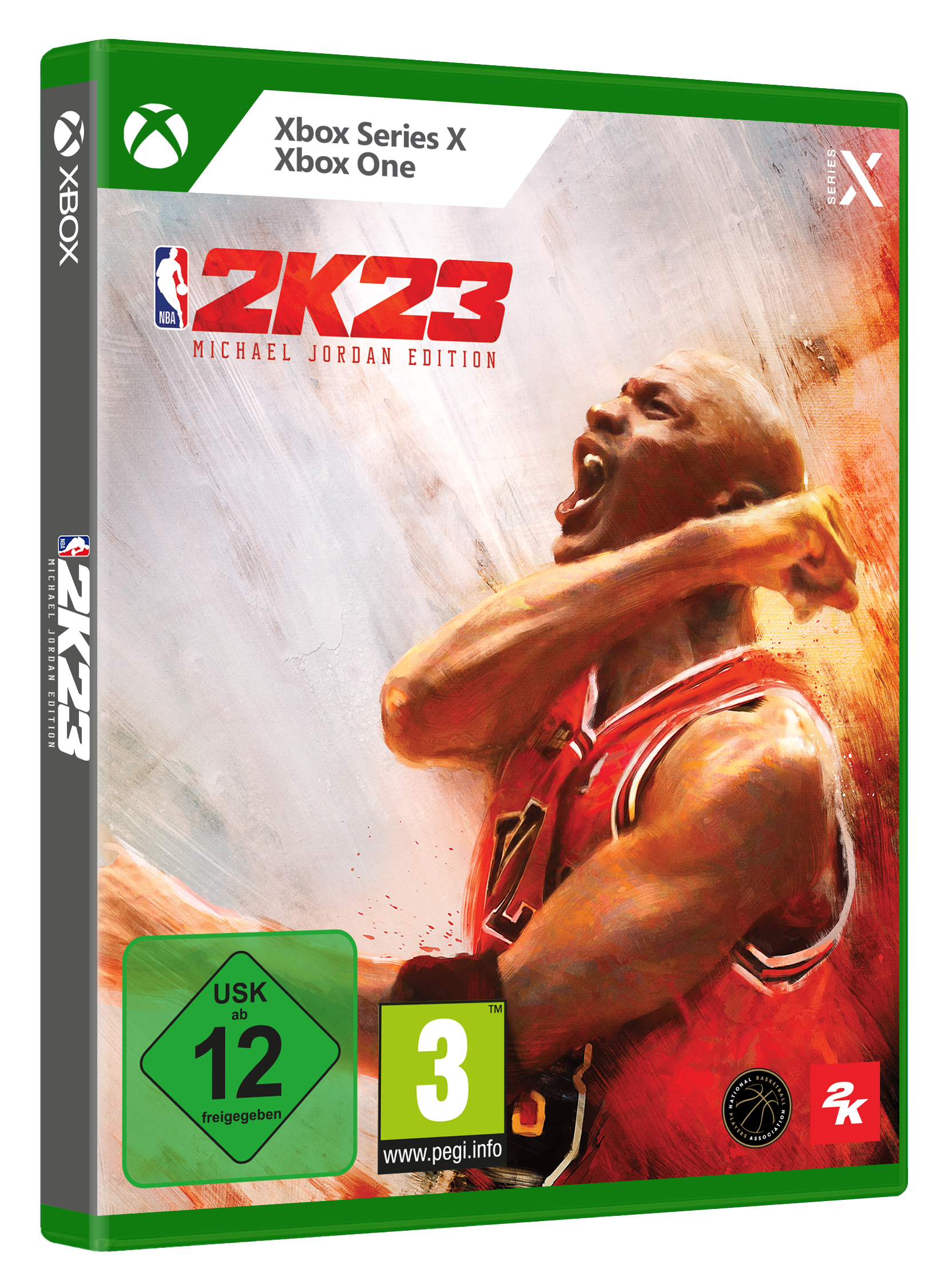 Spielbox mit Michael Jordan auf dem Cover, grünes Etikett, schwarzer Hintergrund.