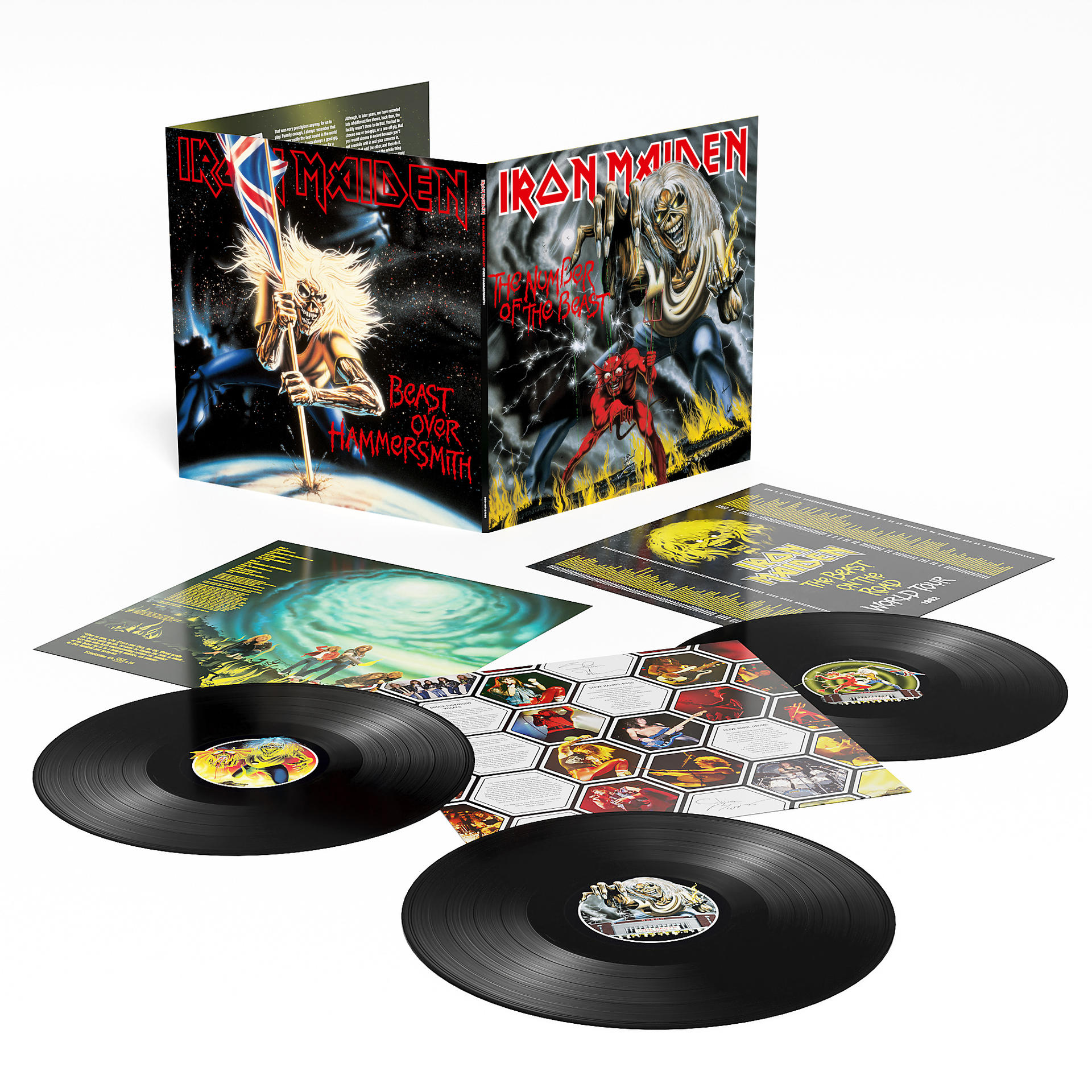 Iron Maiden album borítója és lemezek. A lemez nyitva, műalkotásokat és bakelit lemezeket mutatva.