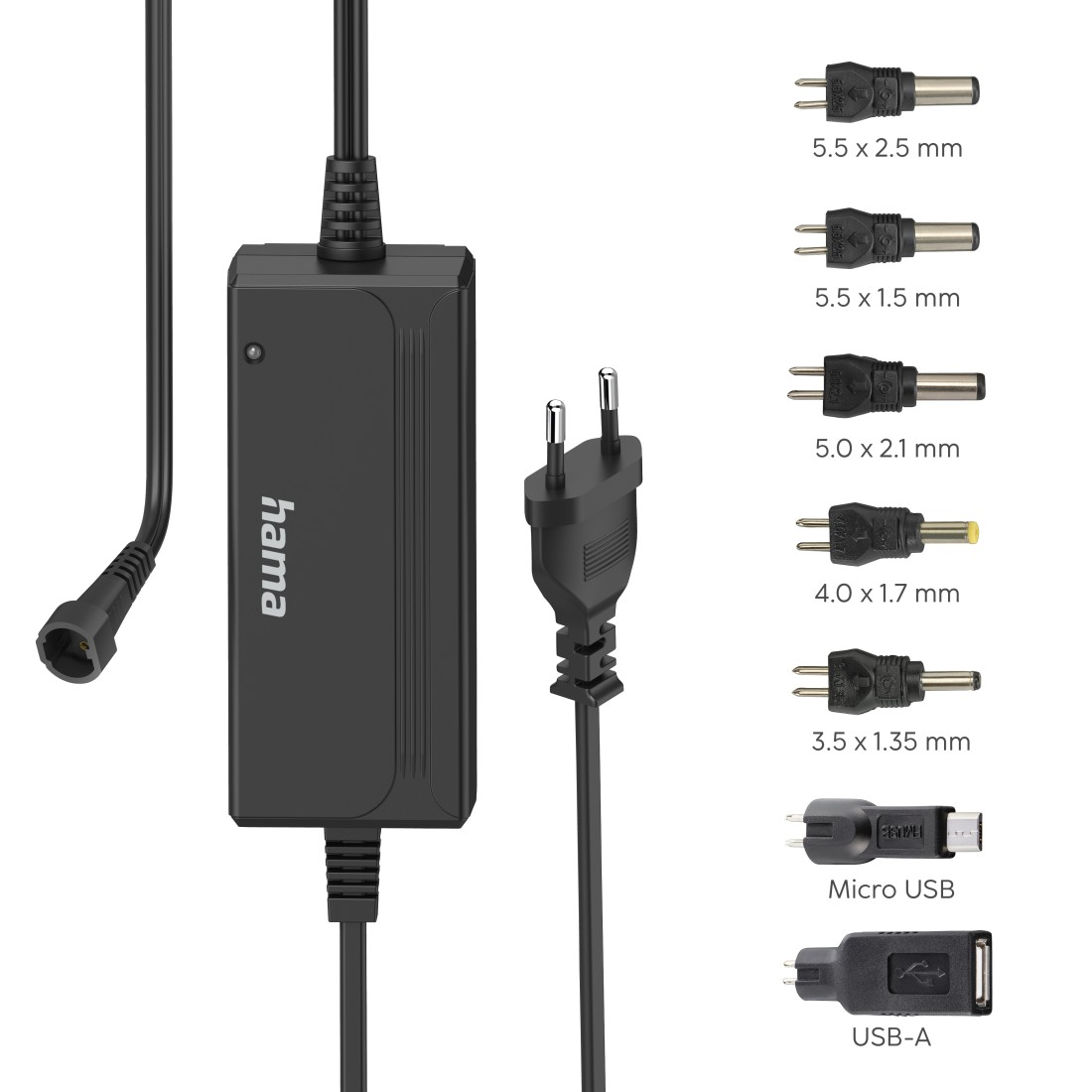 Schwarzer Netzadapter mit mehreren Spitzen. Es hat einen Stecker, einen Netzbaustein und verschiedene Anschlüsse.