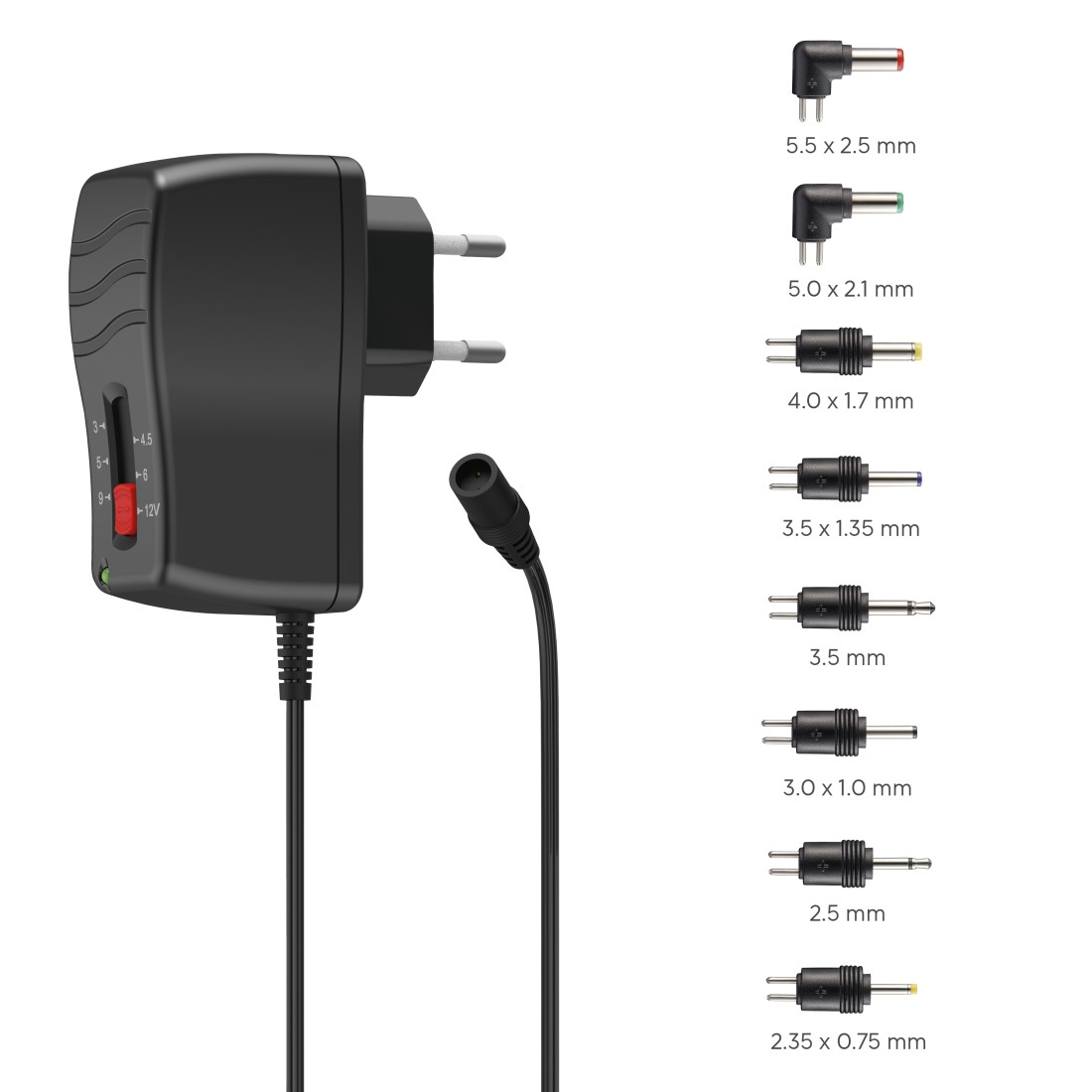 Schwarzer Netzadapterstecker mit verschiedenen Anschlussspitzen. Verschiedene Größen für Geräte.