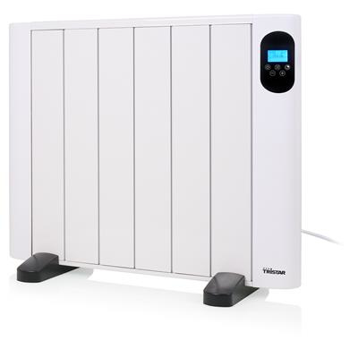 Chauffage électrique blanc avec affichage numérique, socle et pieds noirs.