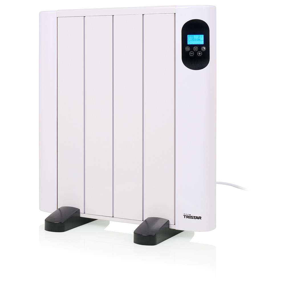Witte elektrische kachel met digitaal display en zwarte voet. Witte achtergrond.