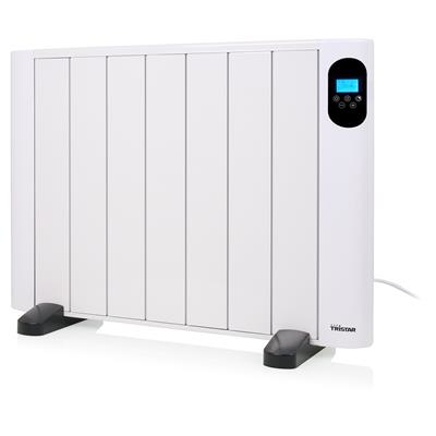 A white electric radiator with a black digital display on the right side.