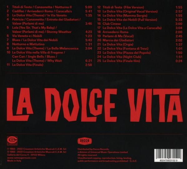 A La Dolce Vita album hátlapja a számlistával és a borítóval.