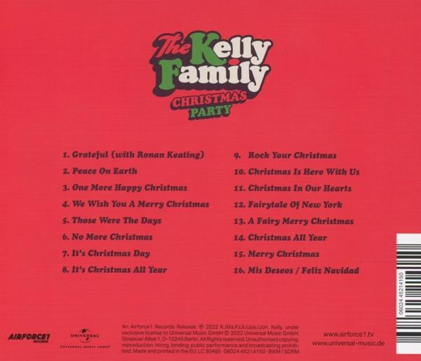 Pochette d'album avec texte vert et liste de chansons. La pochette dit : The Kelly Family Christmas Party.