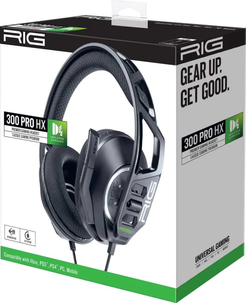 Ein schwarz-weißes Gaming-Headset in einer Box. Die Box hat Text und Grafiken.