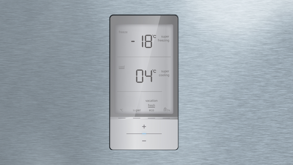 Buzdolabı kontrol paneli sıcaklıkları gösteriyor. Dondurucu -18°C, soğutma 4°C. Ayar düğmeleri.