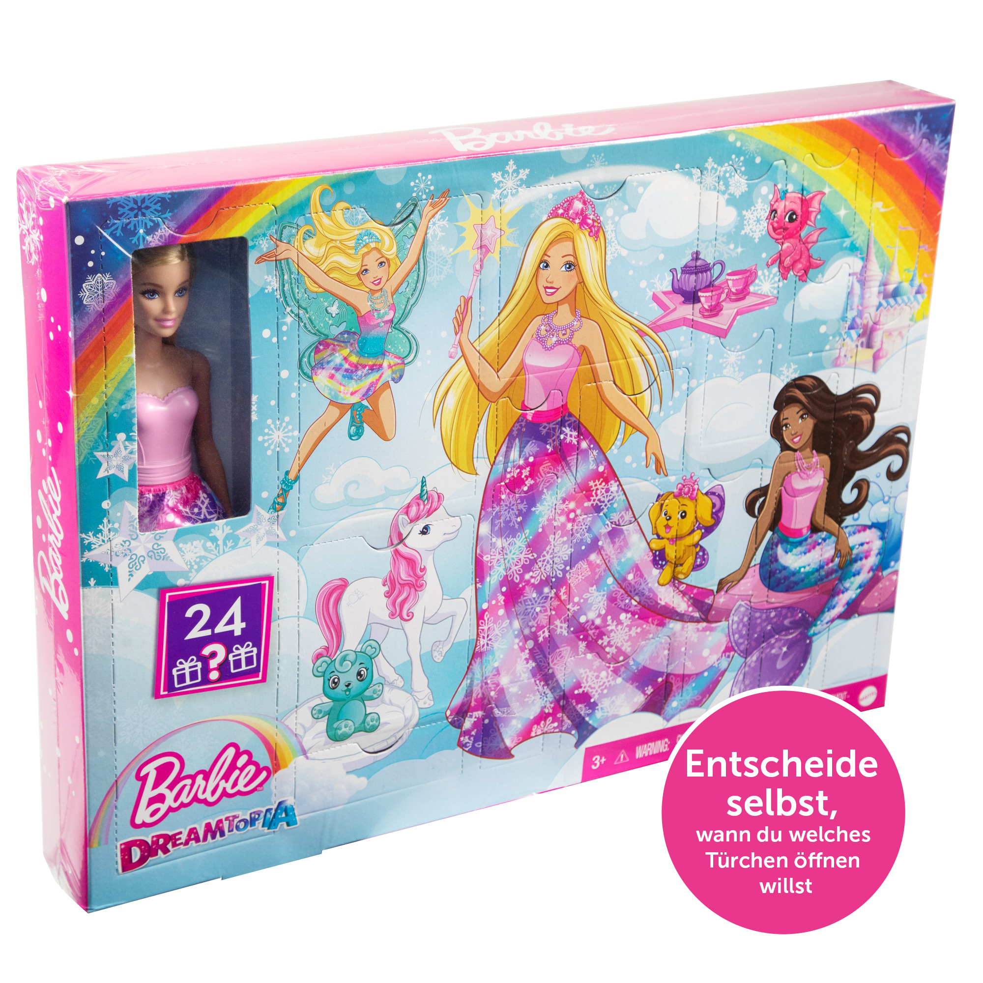MATTEL GAMES ohne Dreamtopia Türchen mit Barbie-Puppe frei Barbie und Überraschungen, Nummerierung Adventskalender 24 Mehrfarbig wählbare Märchen HGM66