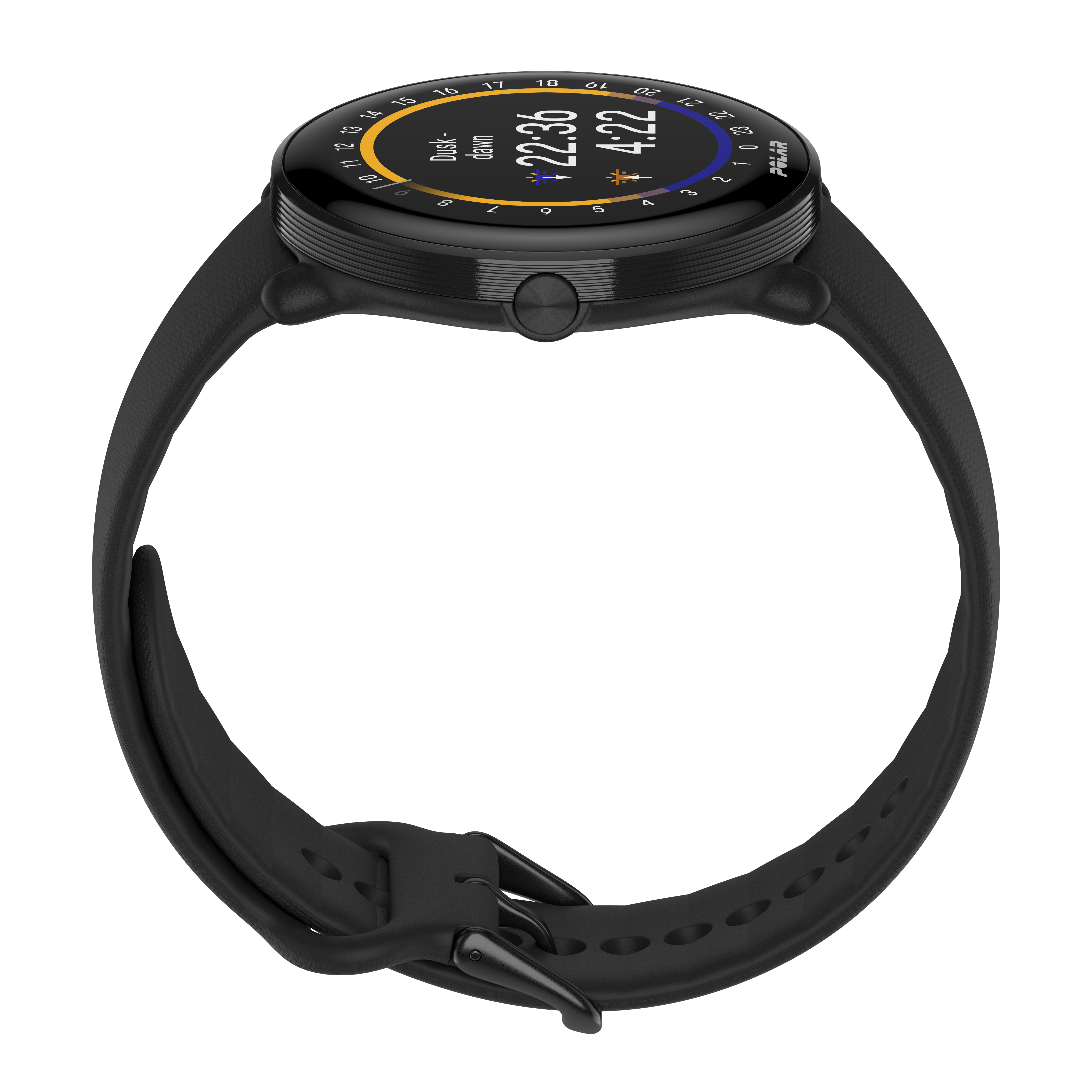 Reloj inteligente negro con una correa negra, que muestra una pantalla con la hora y otras métricas.