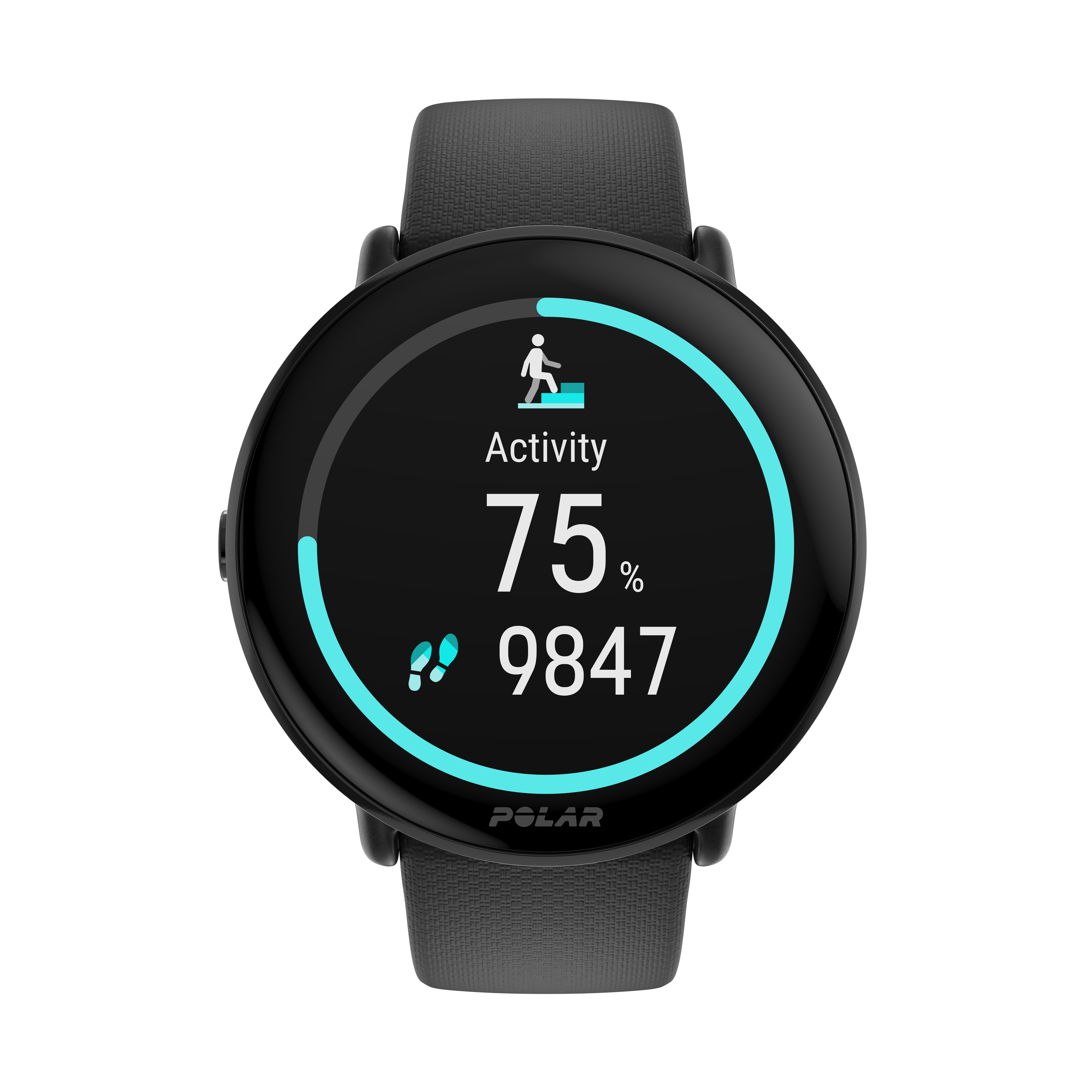 Un reloj inteligente negro con pantalla redonda. El fondo es negro.