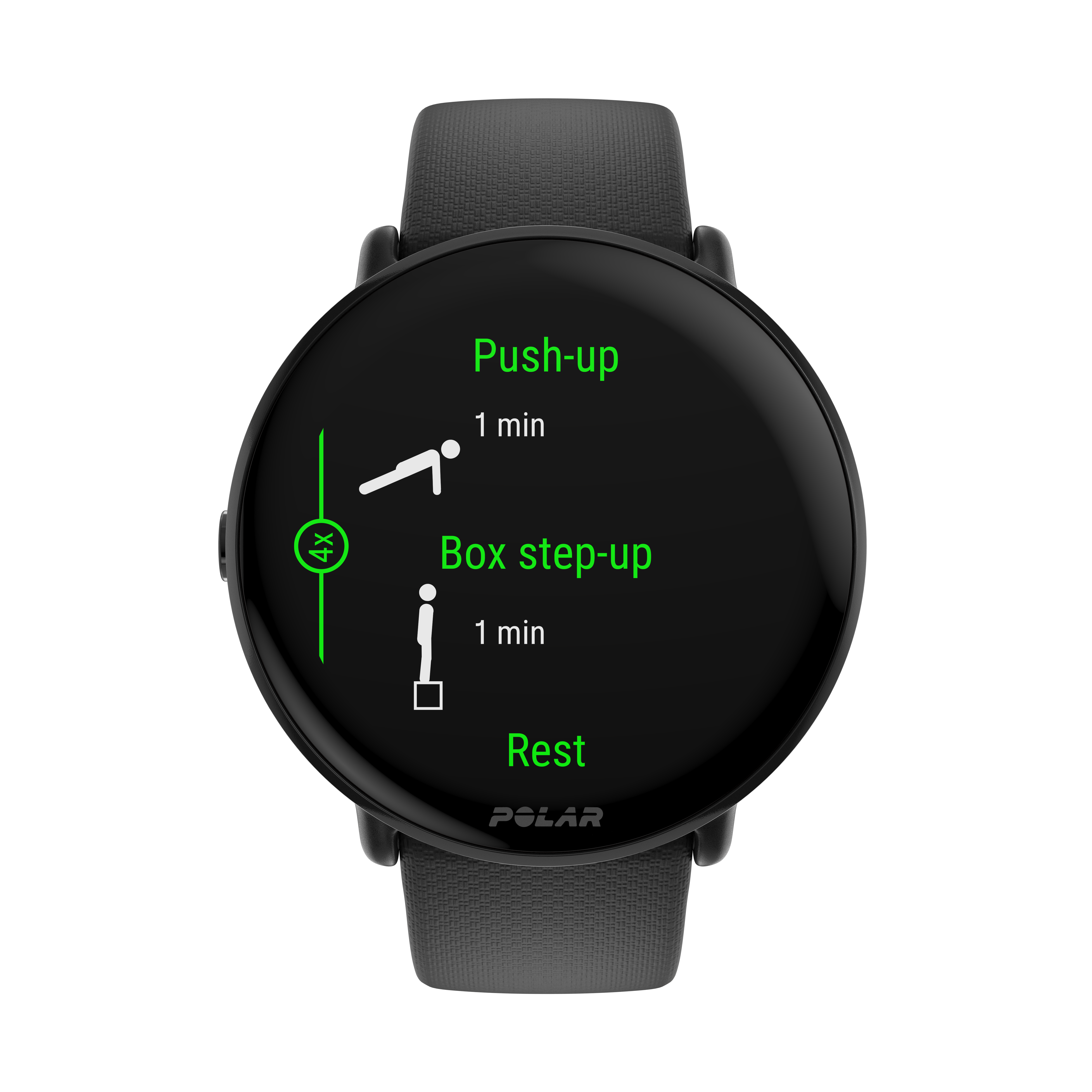 Pantalla de reloj inteligente mostrando información de ejercicio. Flexiones 1 min, Step-ups 1 min, Descanso.