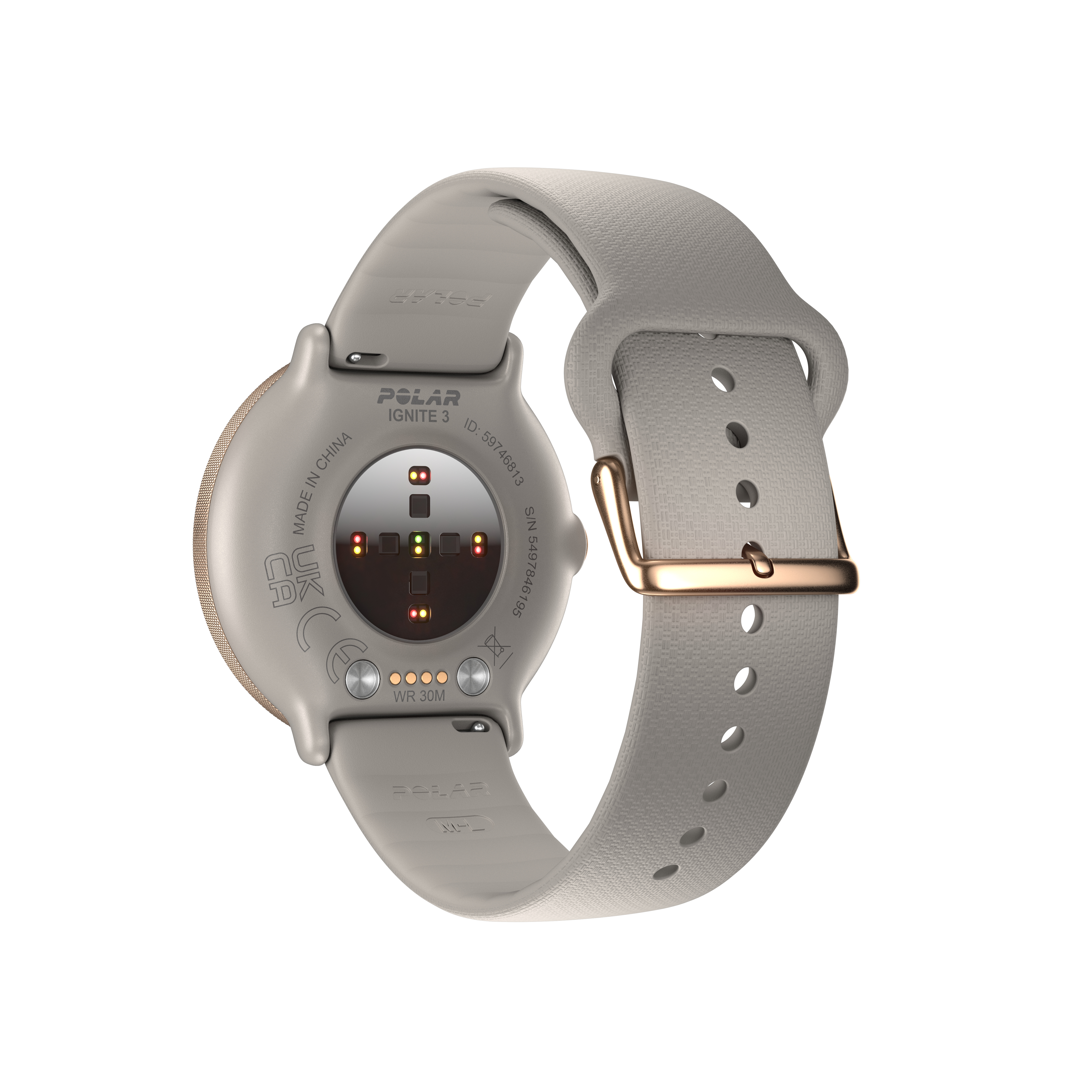 Vista trasera del smartwatch Polar Ignite 3. Correa gris, detalles dorados. Sensores visibles.