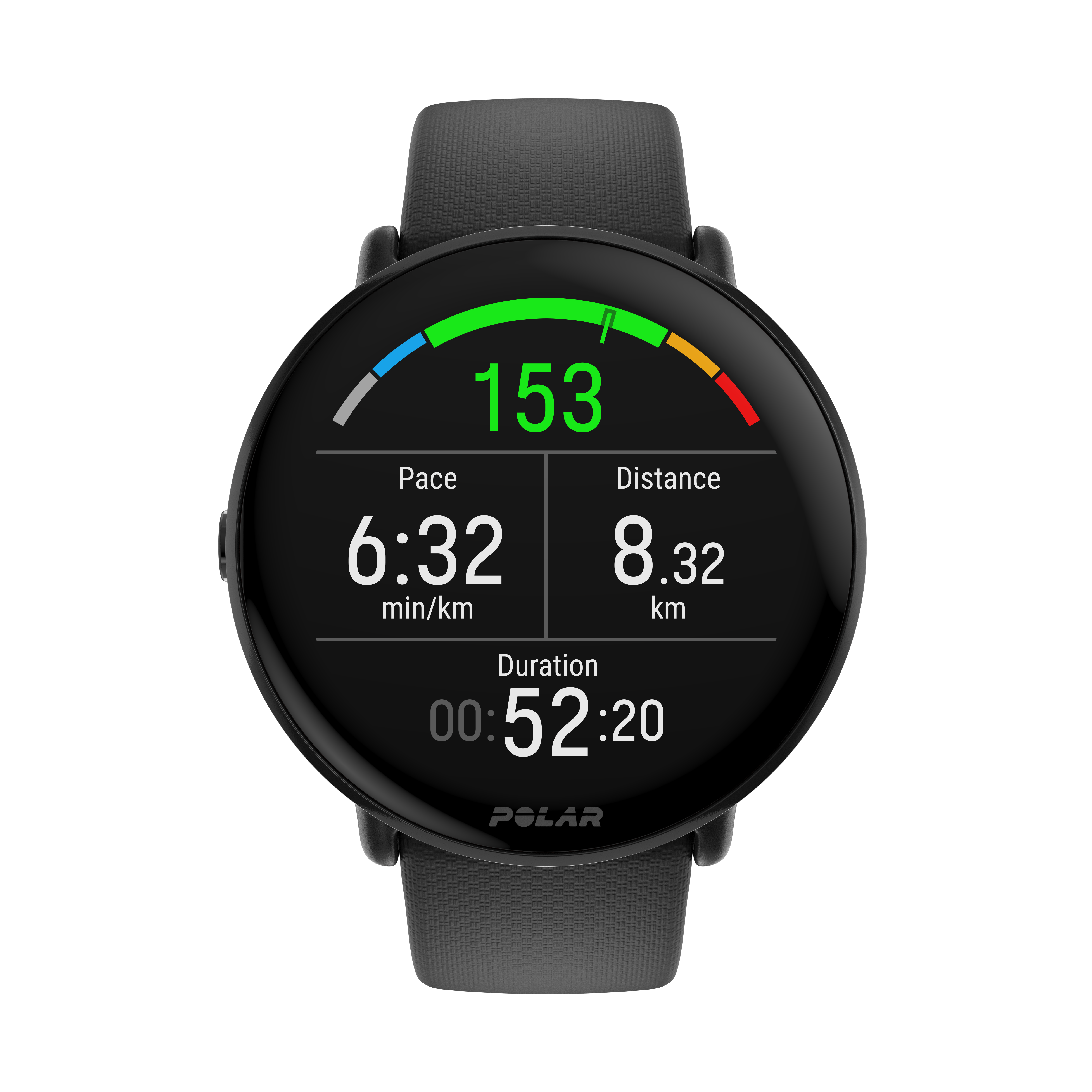 Un reloj inteligente negro muestra ritmo (6:32), distancia (8,32 km) y duración (00:52:20).