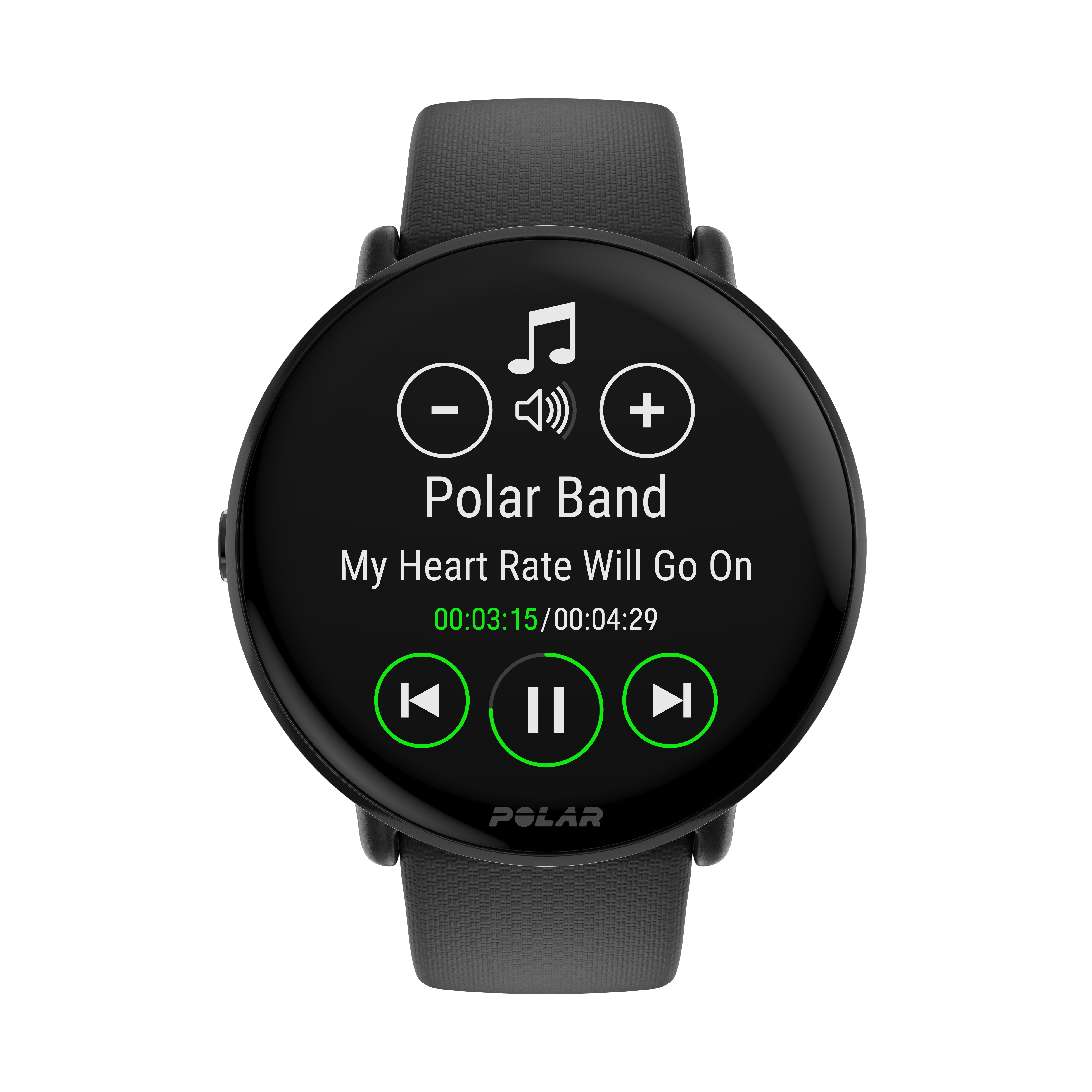 Reloj inteligente Polar Band negro. La pantalla muestra un reproductor de música con un icono de reproducción/pausa.