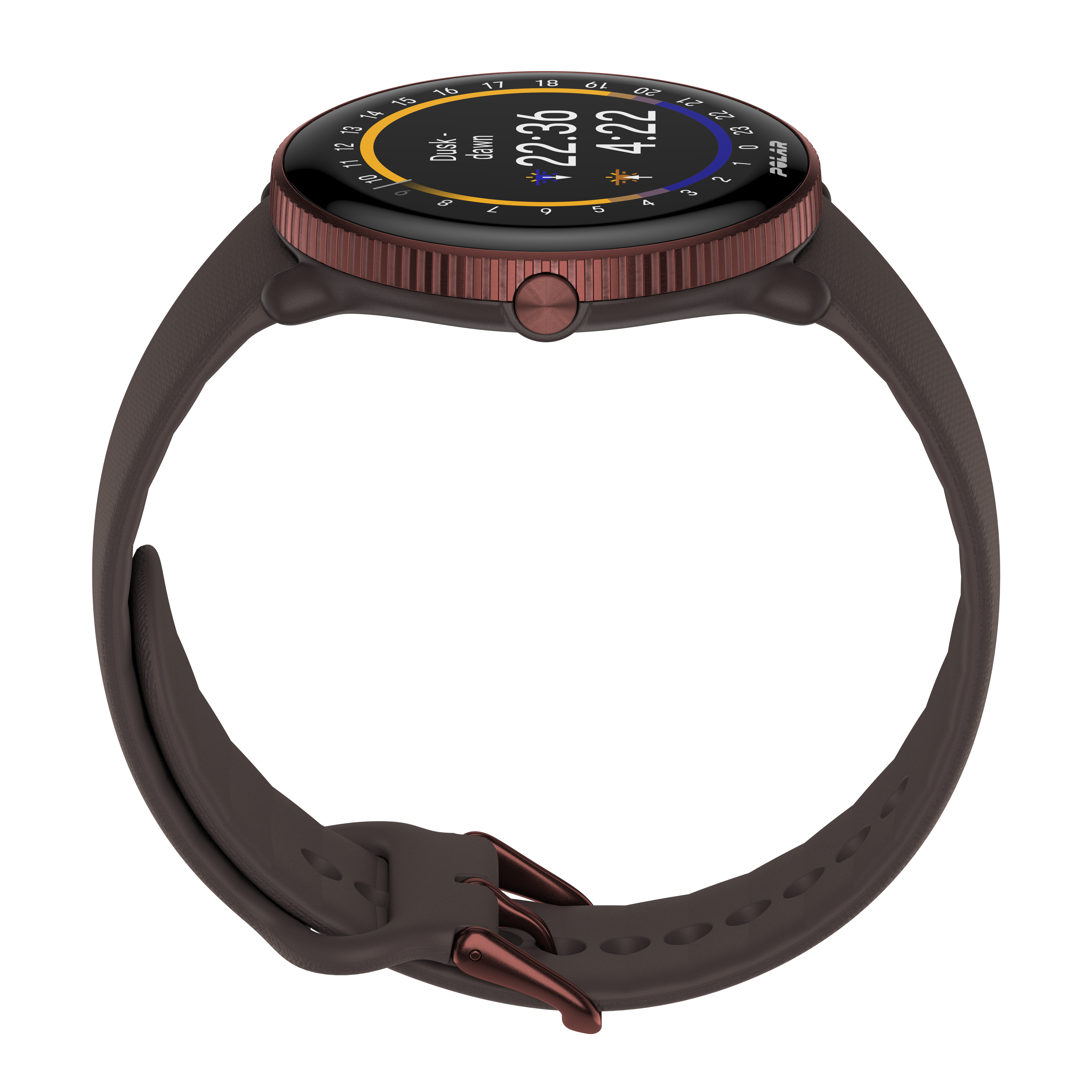 Un reloj inteligente marrón con pantalla oscura. El reloj muestra la hora y la fecha.