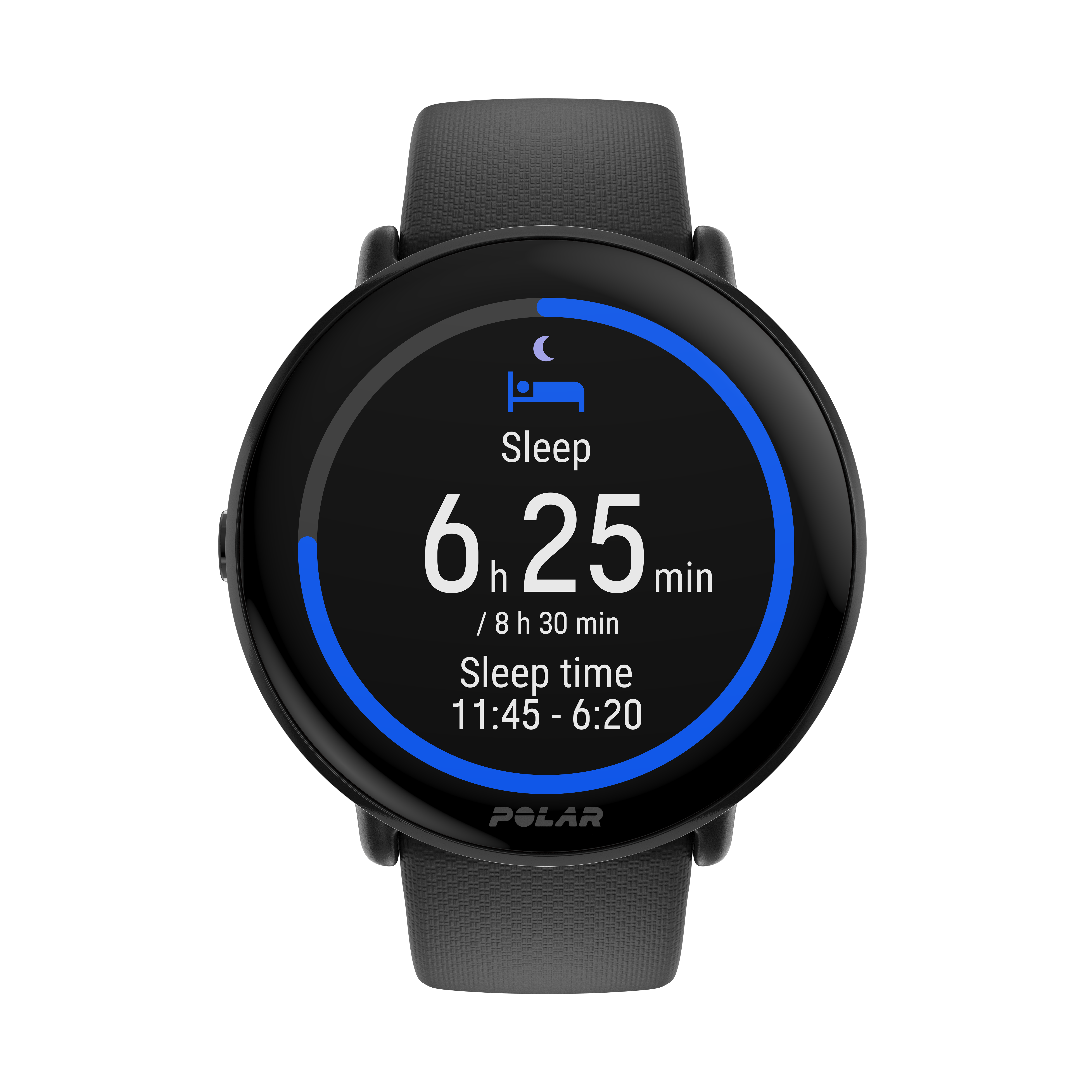Un reloj inteligente negro muestra datos de sueño: horas totales, tiempo de sueño y un gráfico de sueño.