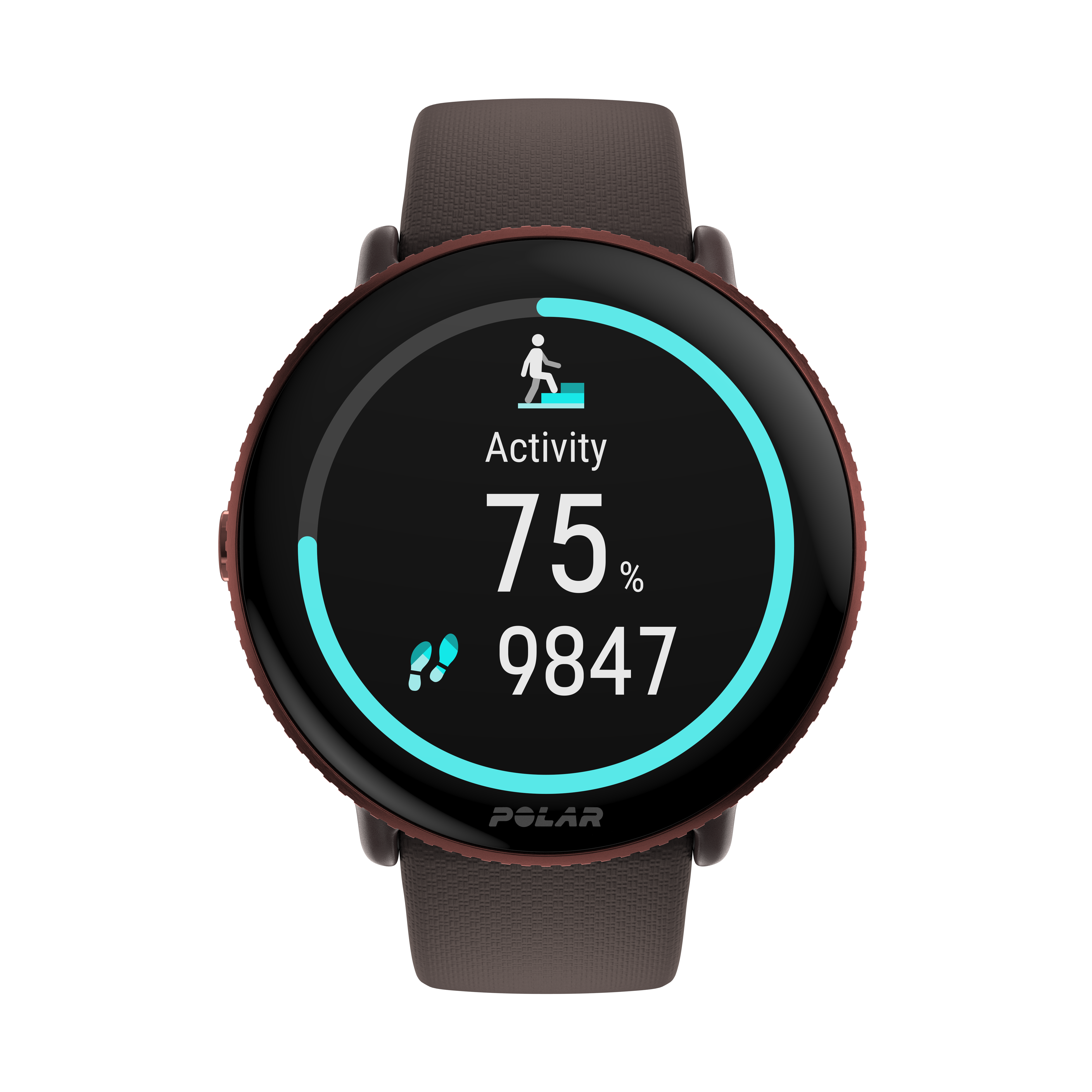 Smartwatch mostrando datos de actividad. Muestra 75% actividad, 9847 pasos, marca Polar.
