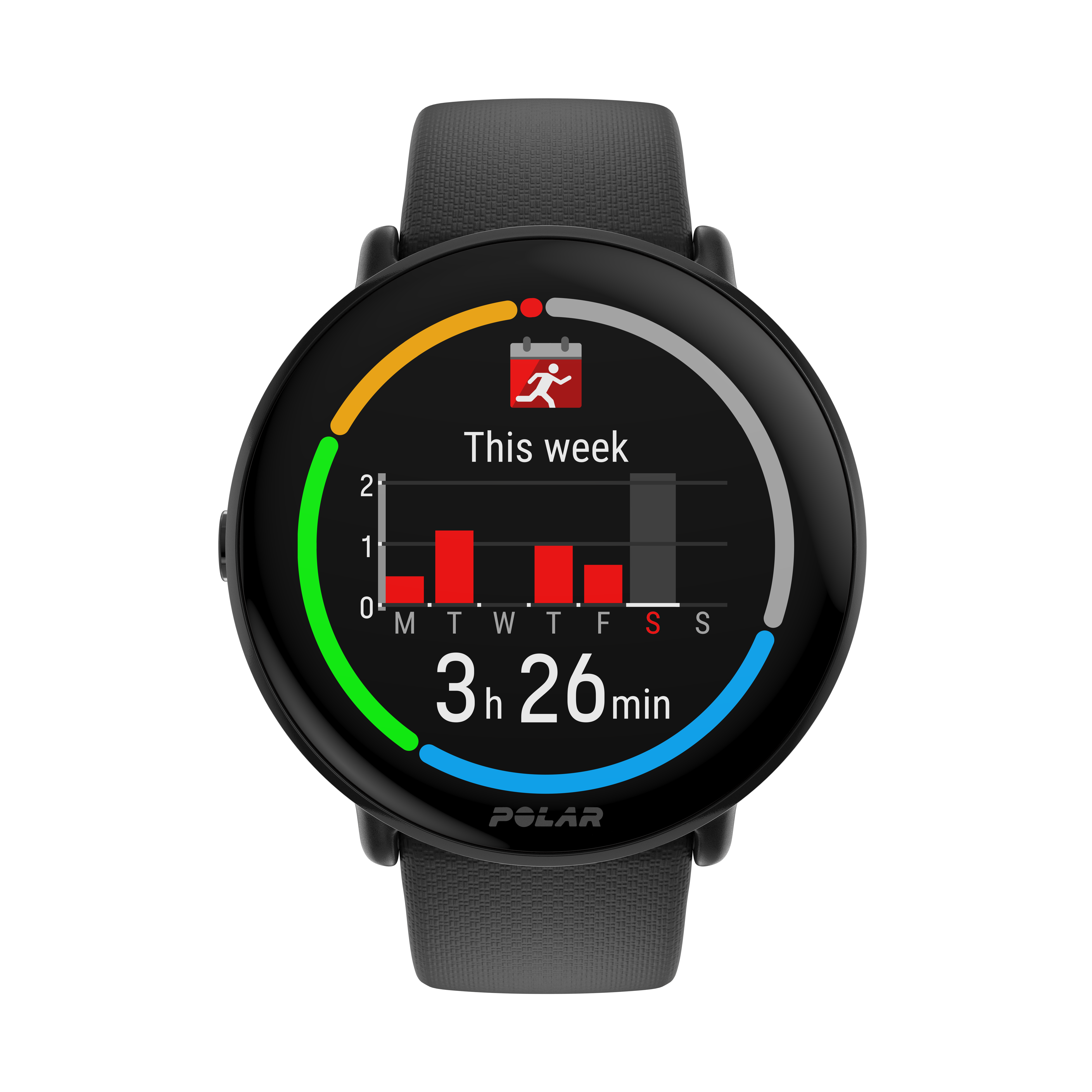 Reloj inteligente mostrando datos de ejercicio. Nivel de actividad con tiempo esta semana.