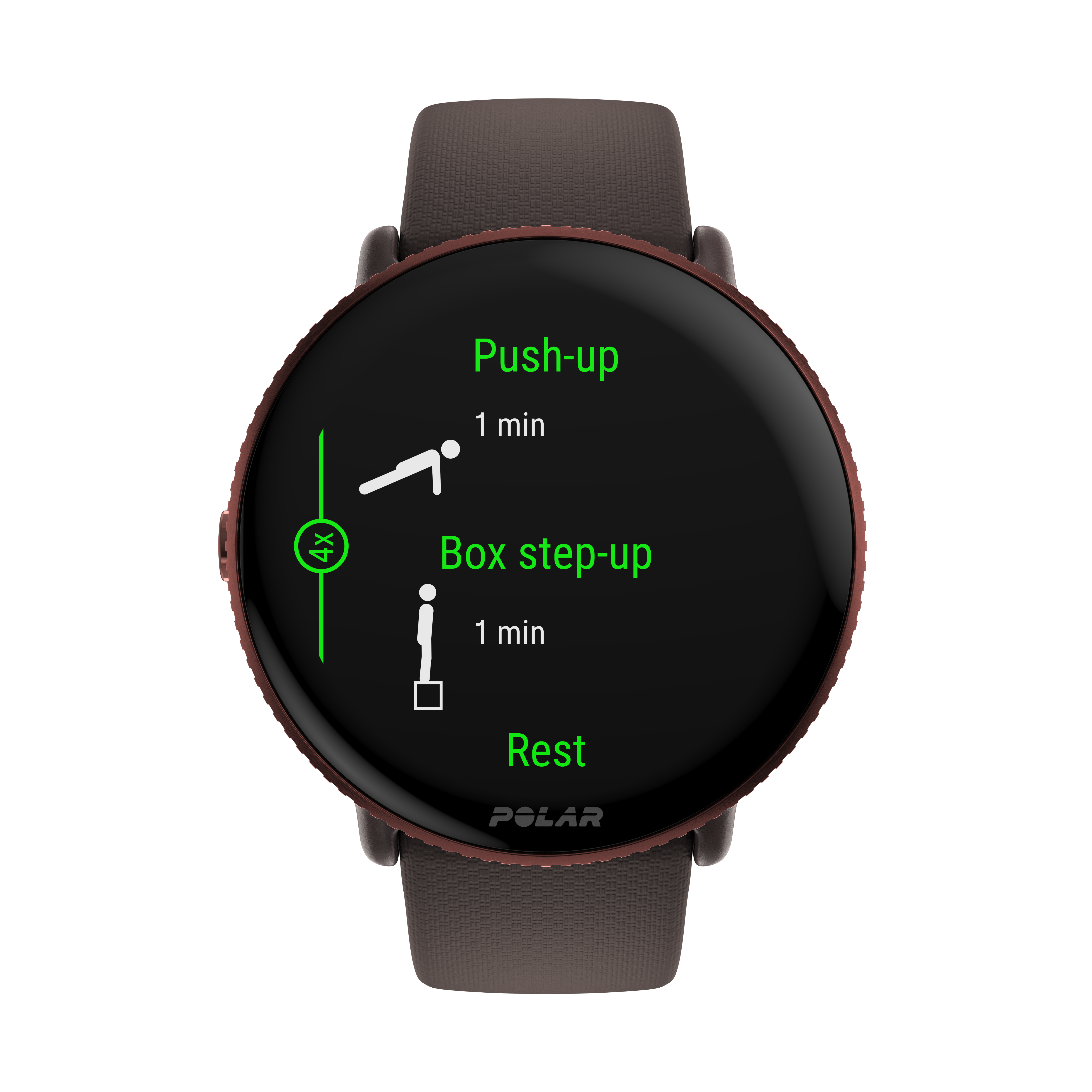 Reloj inteligente con correa marrón. Pantalla muestra ejercicios de flexiones y step-up.