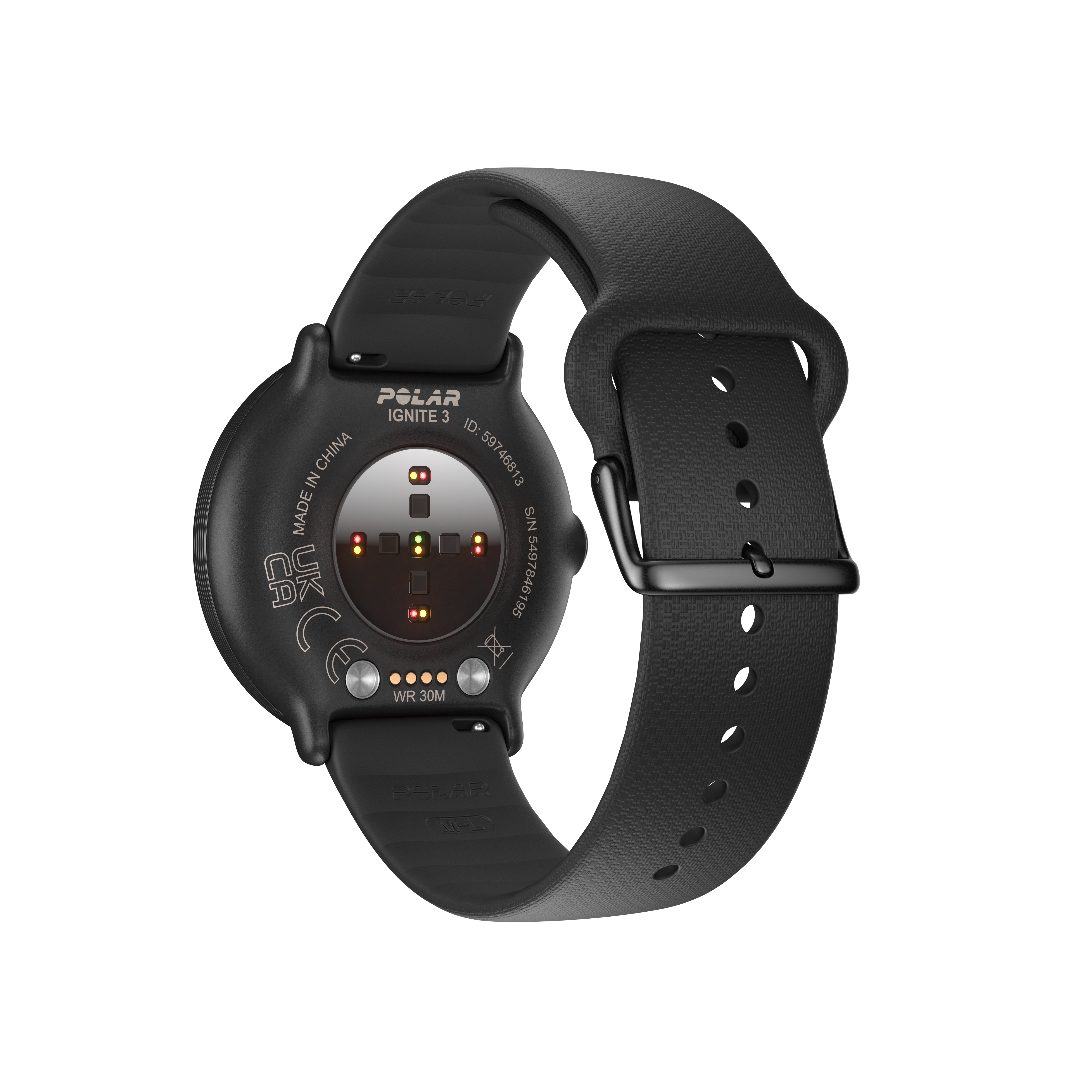 Parte trasera de un reloj Polar Ignite 3 con sensores y detalles.