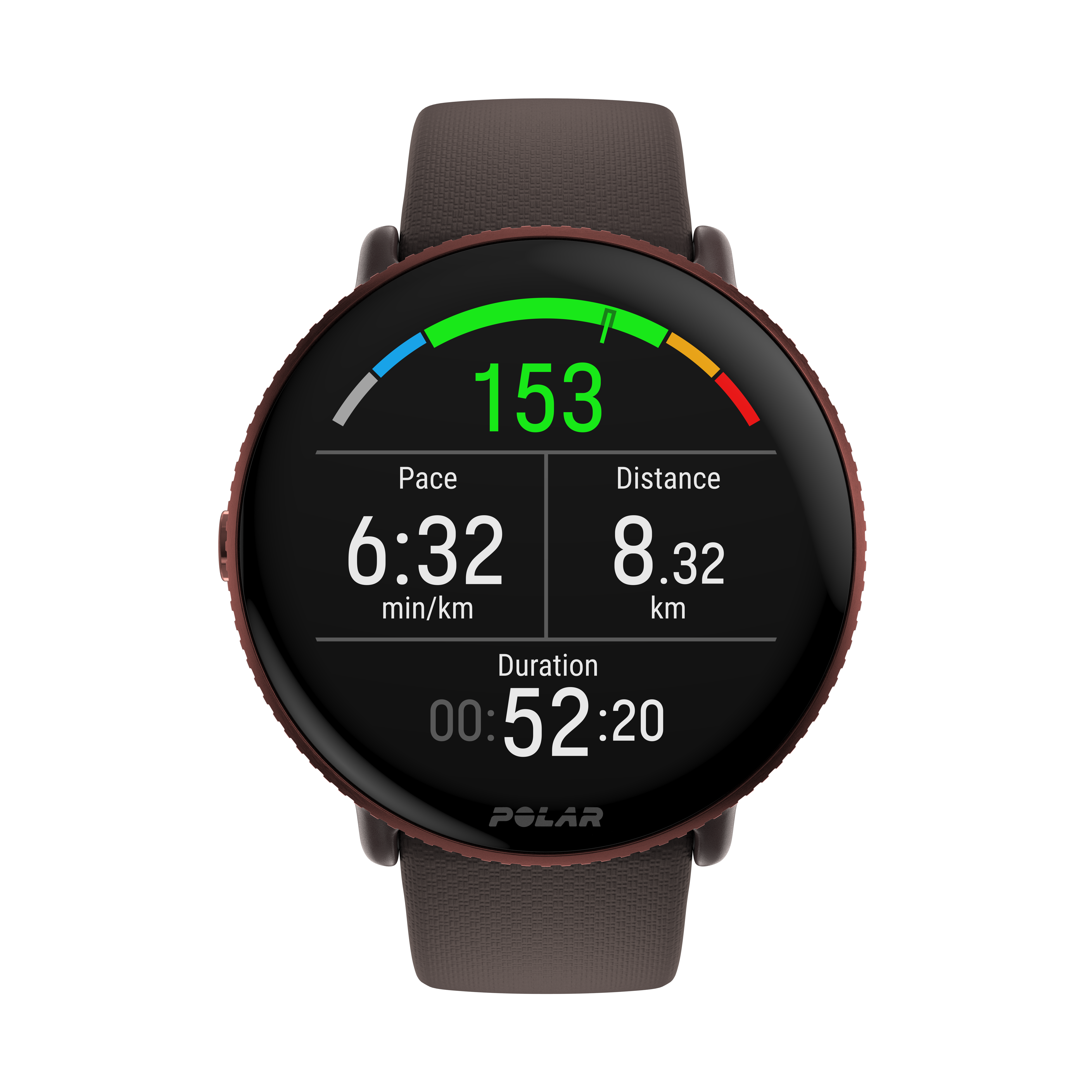 Reloj inteligente muestra datos de carrera: ritmo, distancia, duración. La pantalla está sobre fondo negro.