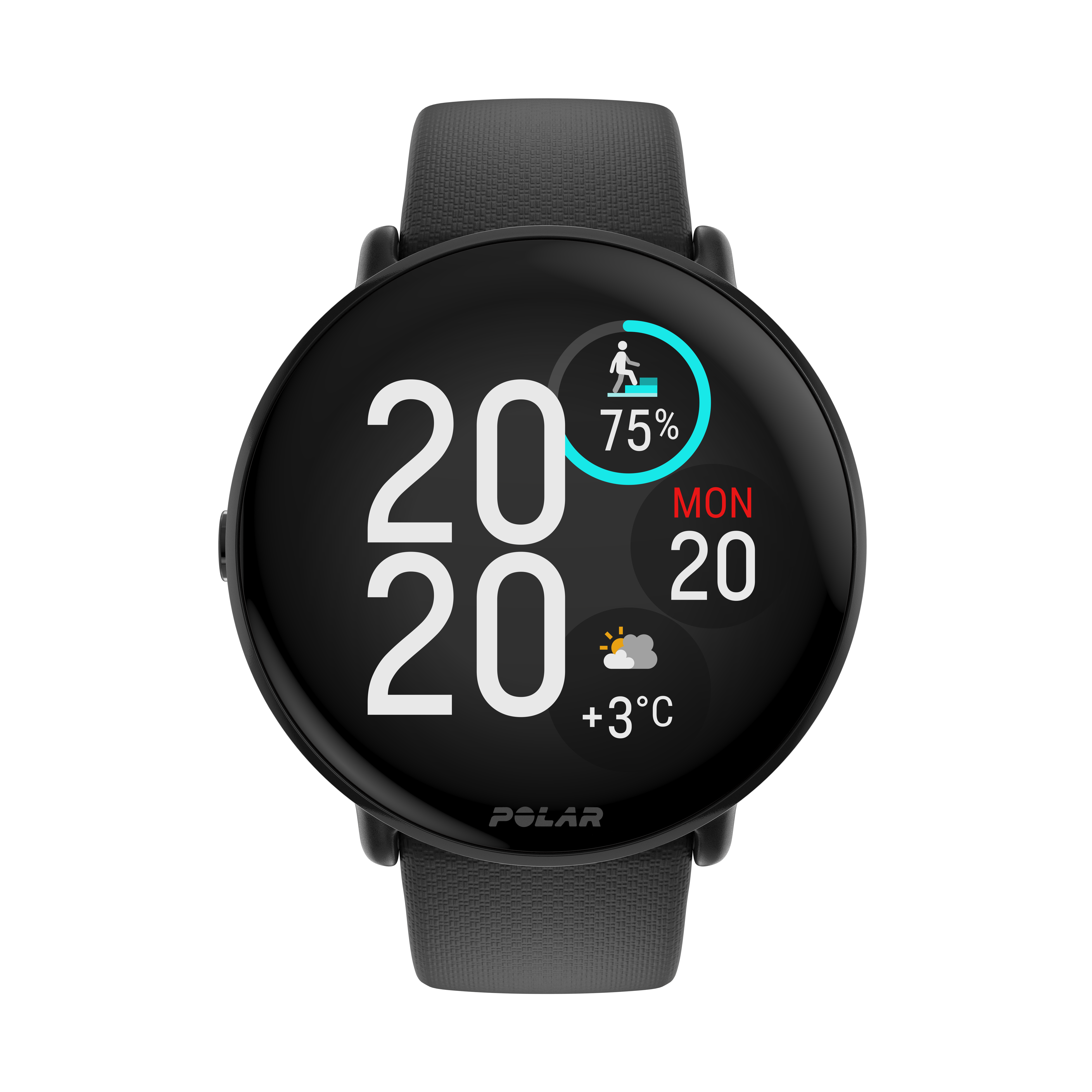 Reloj inteligente negro mostrando datos de tiempo y fitness. Fondo negro. Marca Polar.