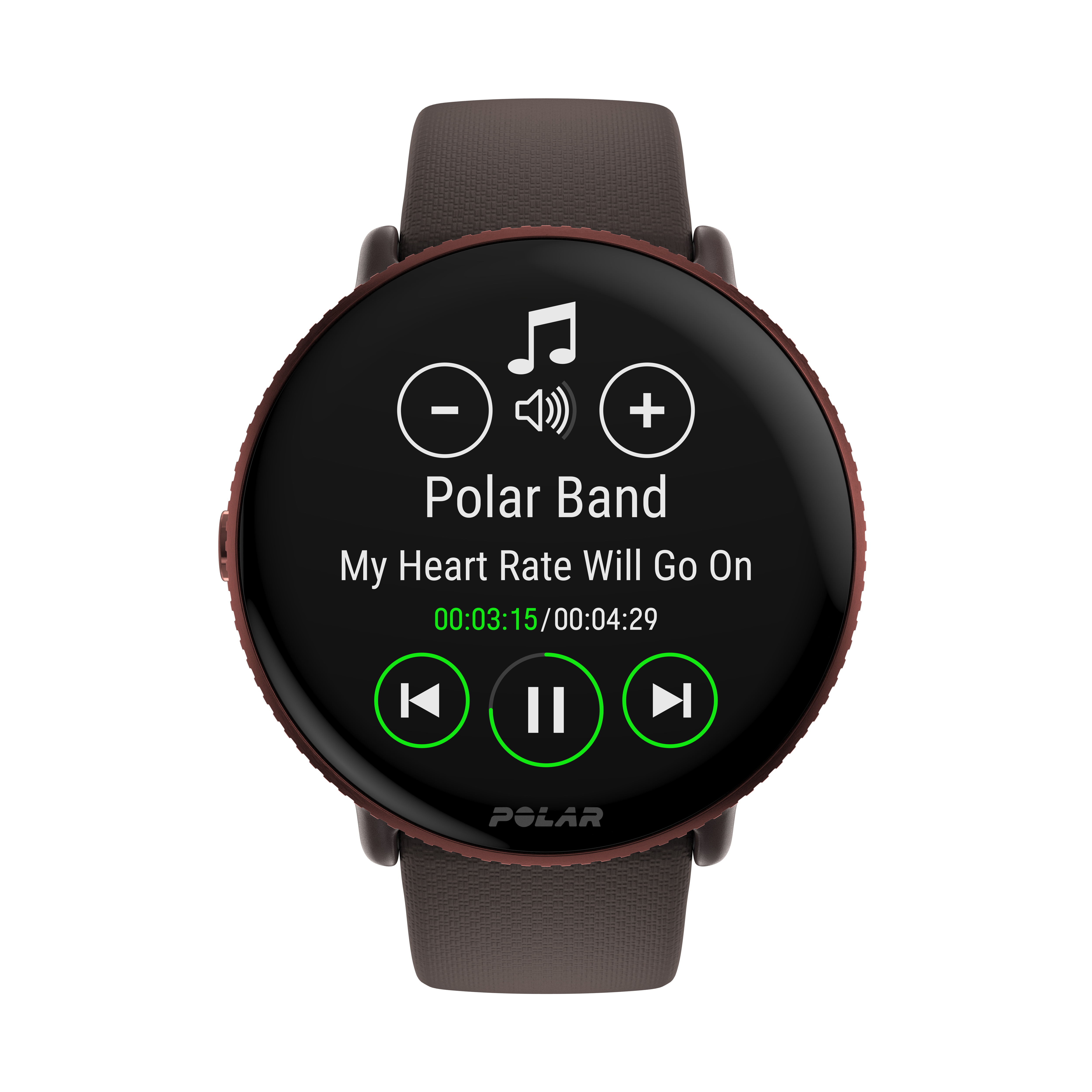 Reloj inteligente marrón oscuro con controles de música, volumen y visualización de frecuencia cardíaca.