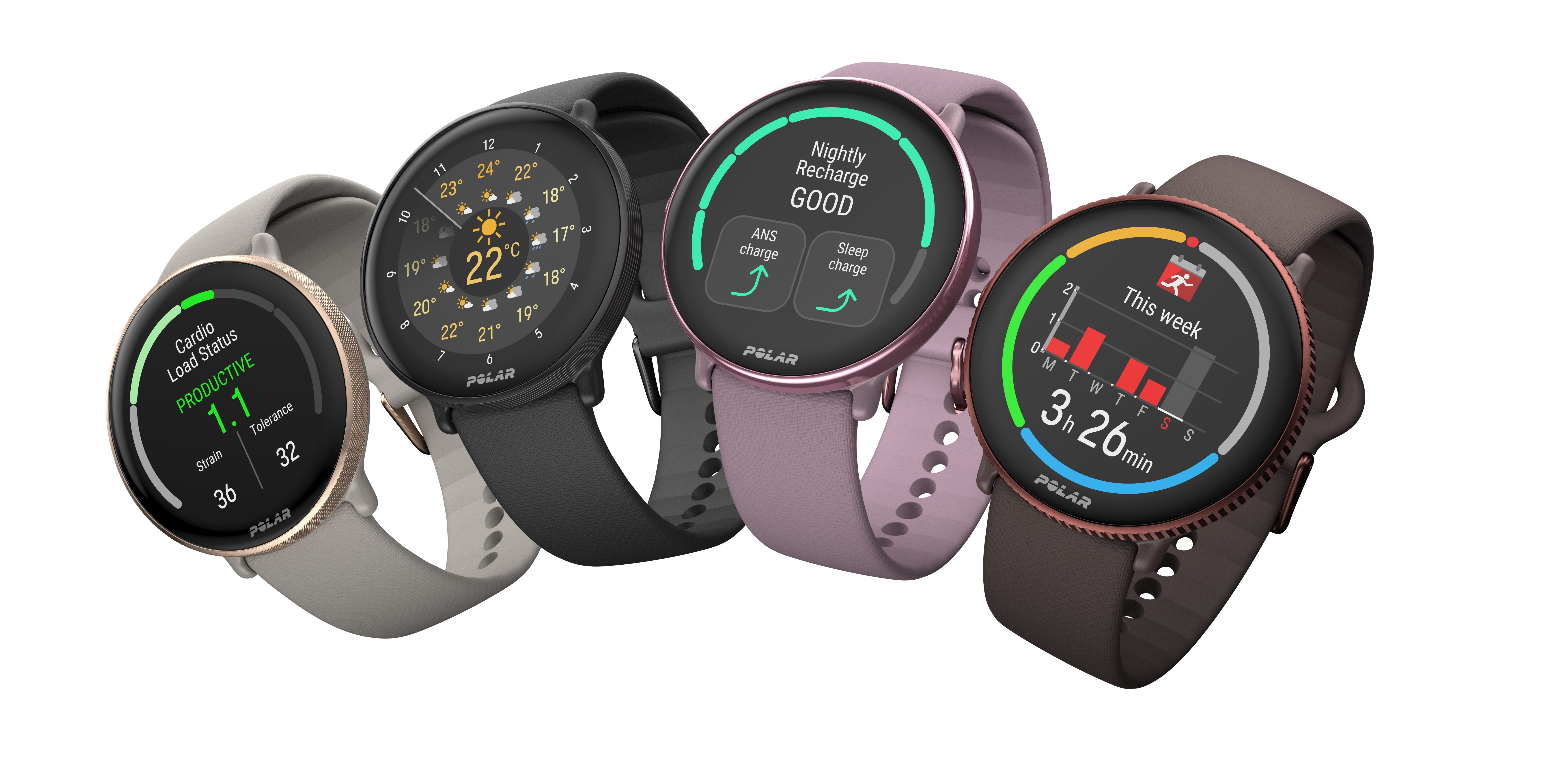 Cuatro smartwatches con diferentes pantallas y colores sobre fondo negro.