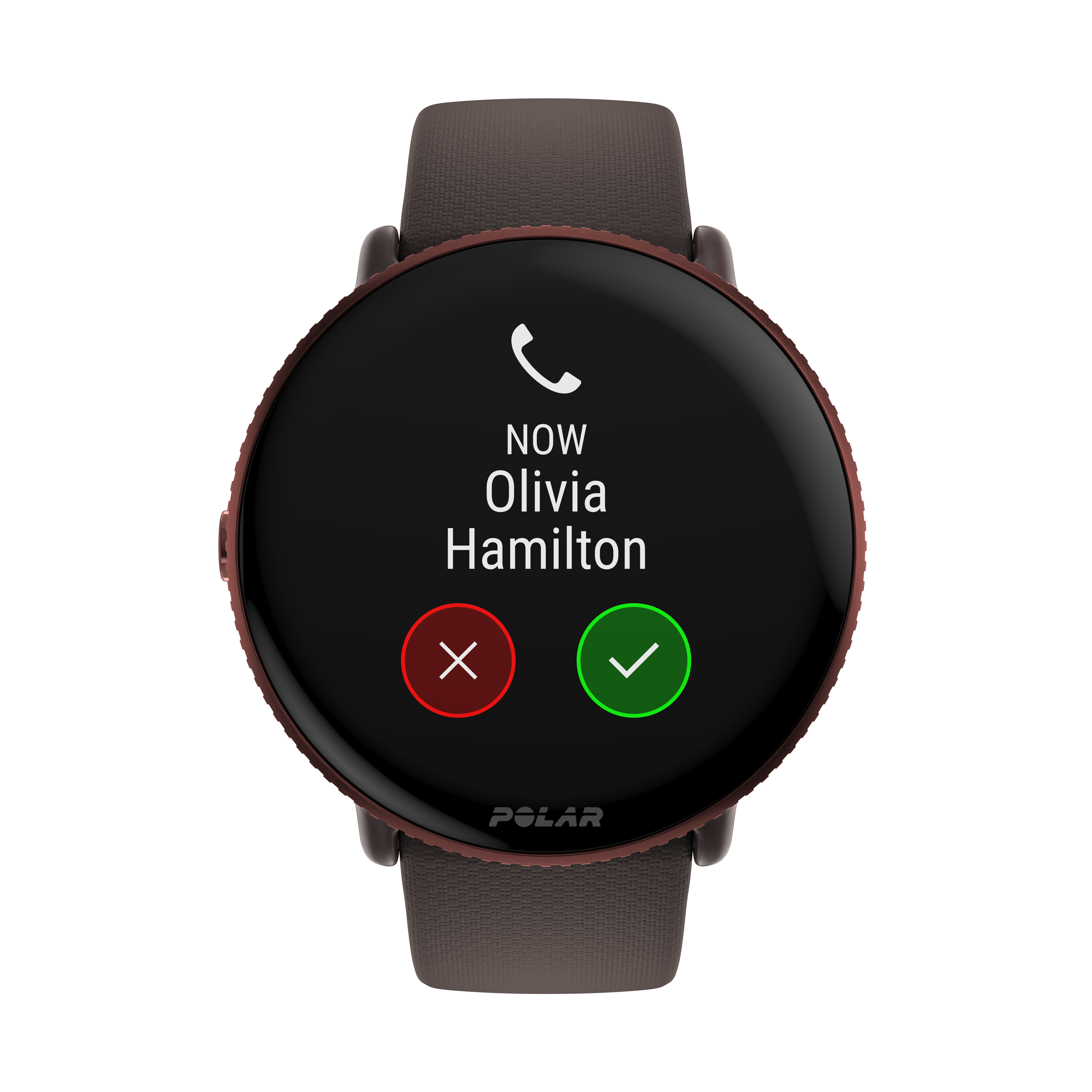 Smartwatch muestra llamada entrante de Olivia Hamilton con botones de aceptar y rechazar.